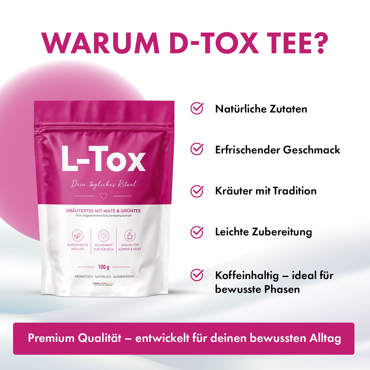 L-Tox Kräutertee Beutel mit Vorteilen wie natürliche Zutaten und leichter Zubereitung.