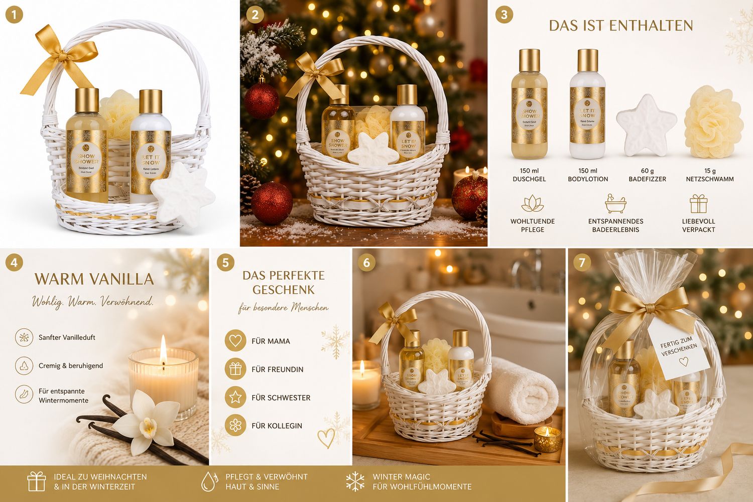 Geschenkset mit Duschgel, Bodylotion, Sternseife und Badeschwamm in weißem Korb. Weihnachtliche Deko.