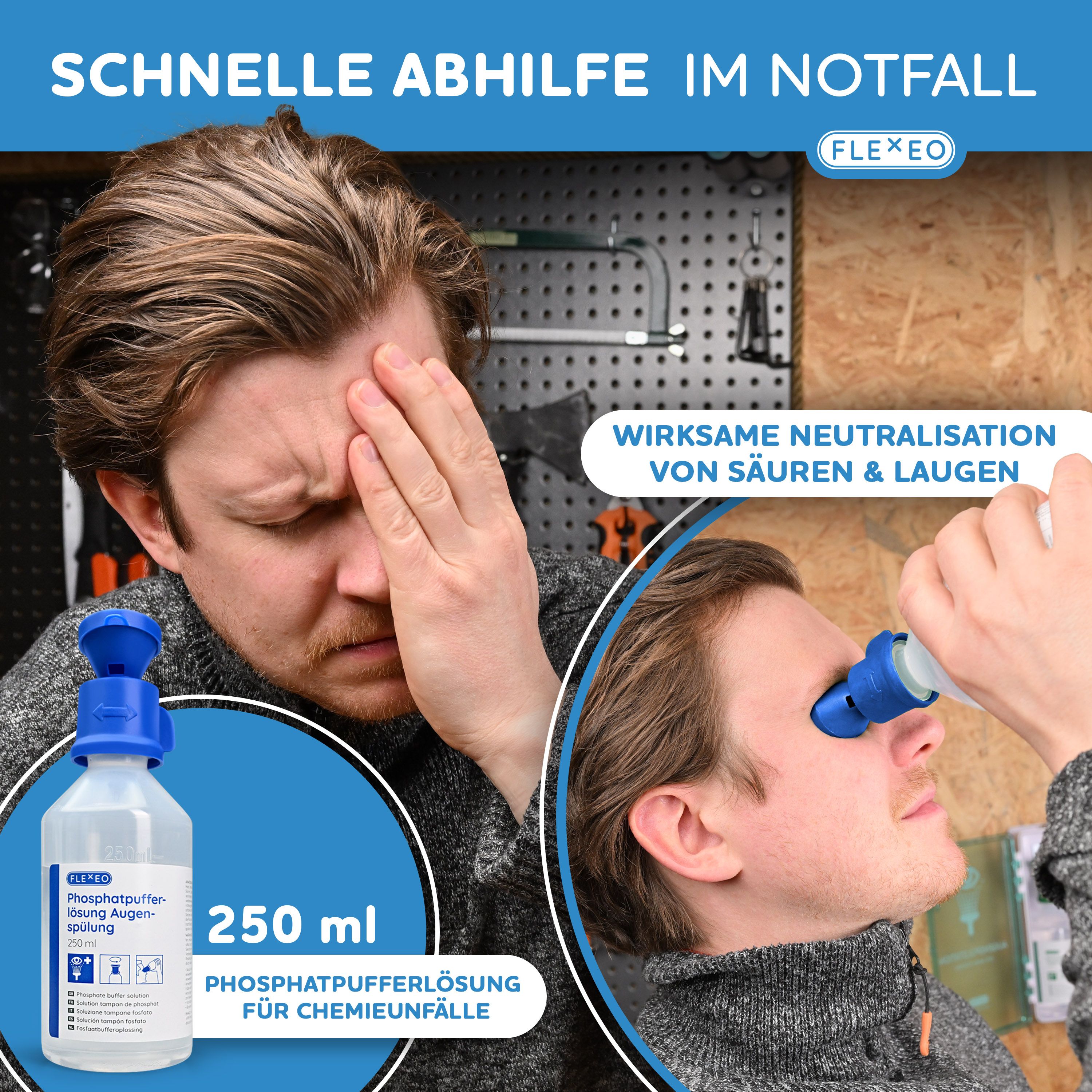 FLEXEO Augenspülflasche. Weiße Flasche mit blauem Aufsatz. Aufschrift: Phosphatpufferlösung. Mann hält sich das Auge.