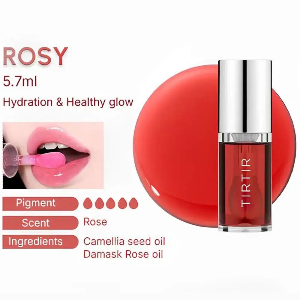 Lip Oil mit roter Flüssigkeit und silbernem Deckel. Text: ROSY, 5.7ml, Hydration & Healthy glow, TIR TIR.