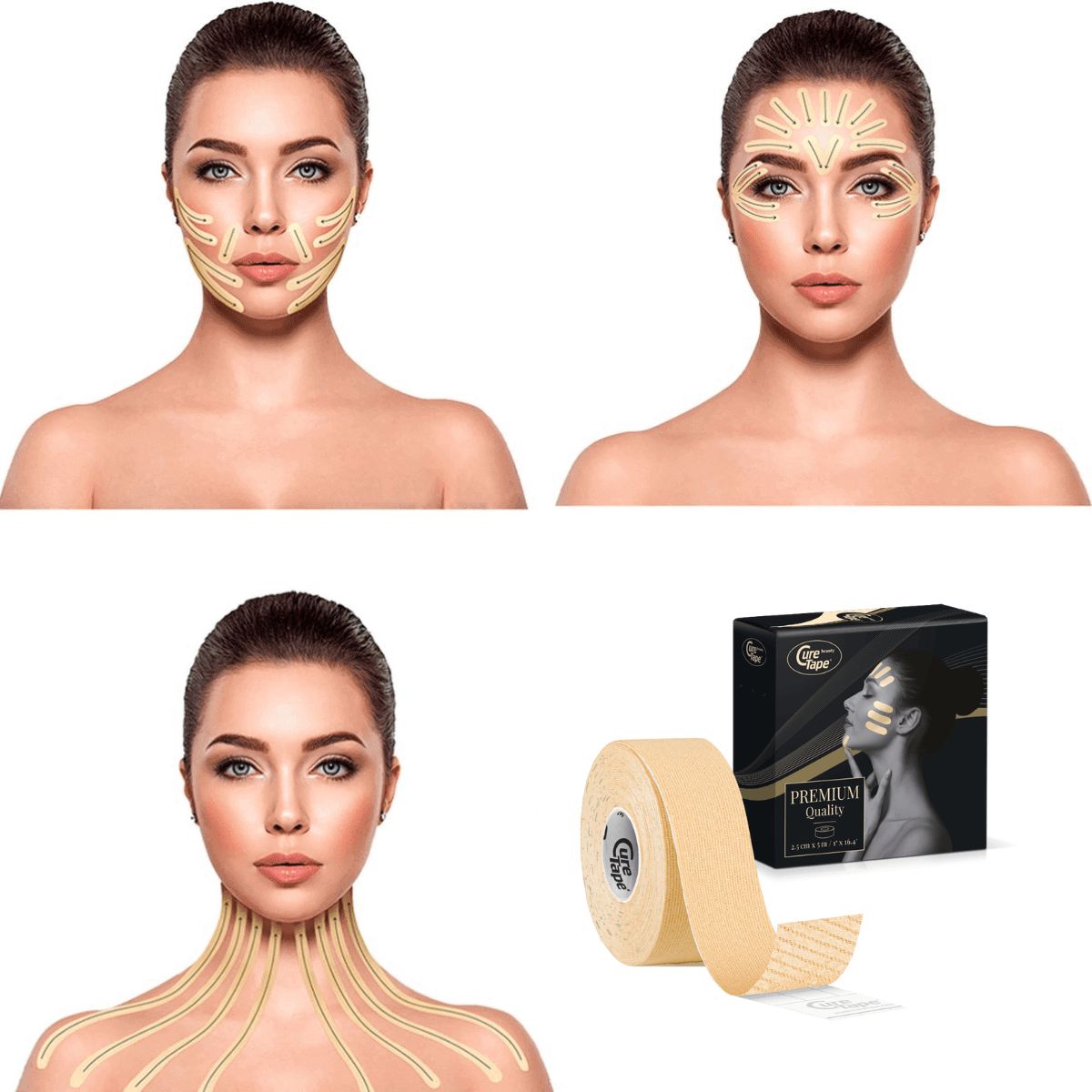 Drei Frauen mit Gesichtstape, eine mit Hals-Tape. Rechts: Rolle Gesichtstape und Verpackung mit CureTape-Logo.