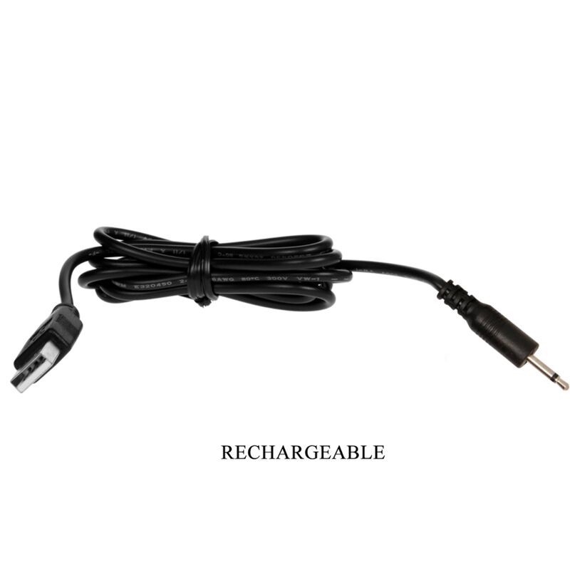 Schwarzes Ladekabel mit USB-Anschluss und Klinkenstecker. Beschriftung: RECHARGEABLE.