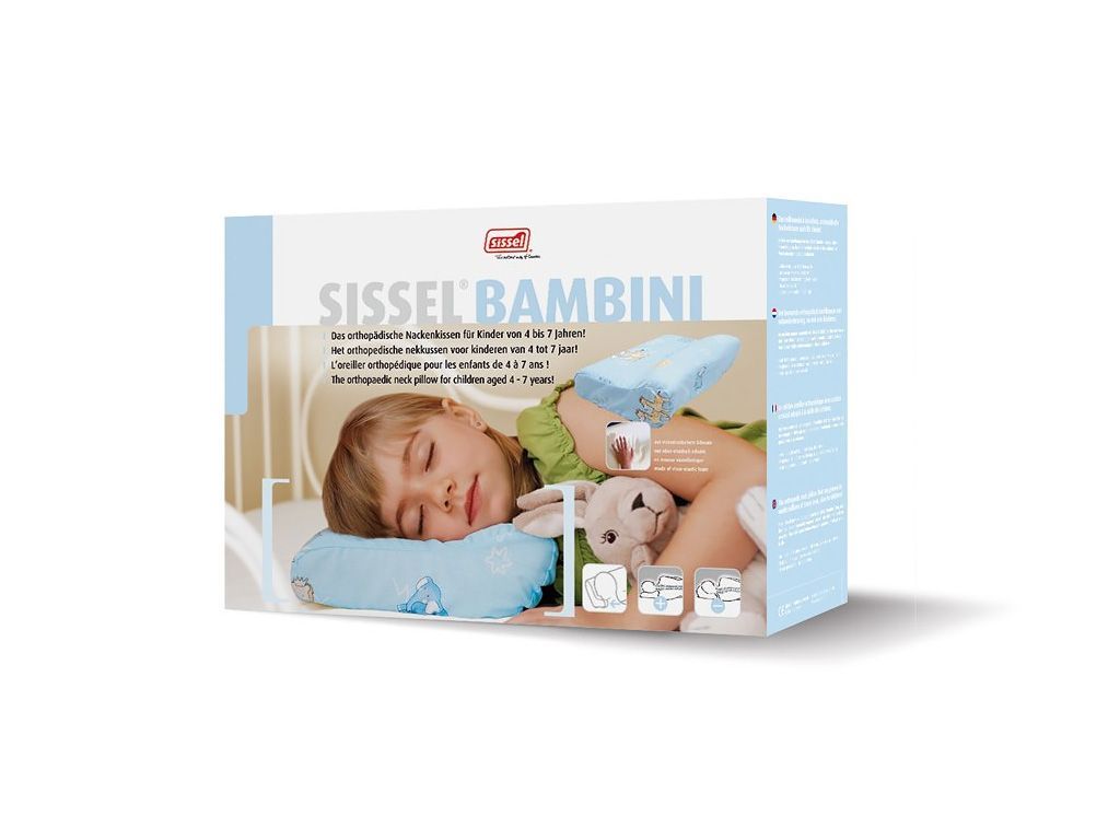 Verpackung mit Kissen und Kind. Aufdruck: Sissel Bambini. Kind schläft auf blauem Kissen. Illustrationen von Kissen und Kind.