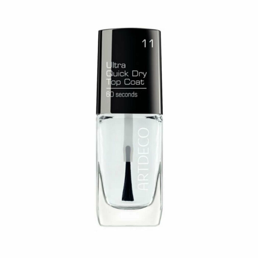 Klare Nagellackflasche mit schwarzem Deckel. Aufschrift: Ultra Quick Dry Top Coat, 60 seconds. Marke: ARTDECO.