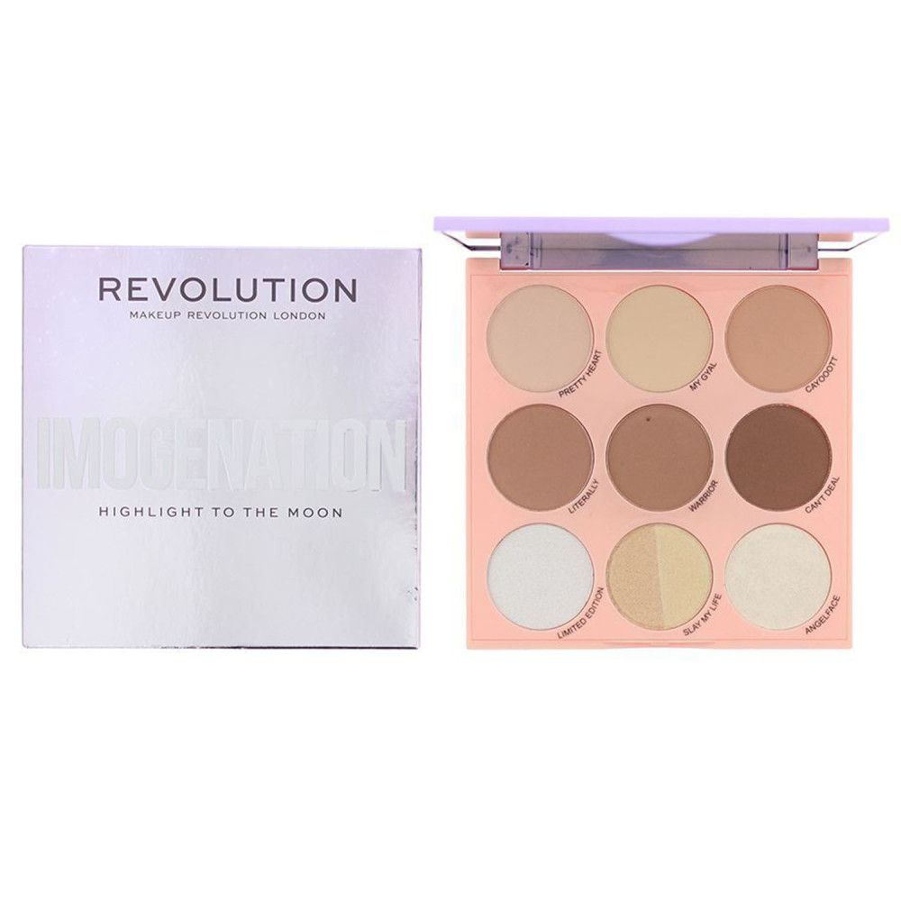 Palette und Verpackung nebeneinander. Palette mit neun Puderfarben. Verpackung mit Aufschrift REVOLUTION und IMOGENATION.