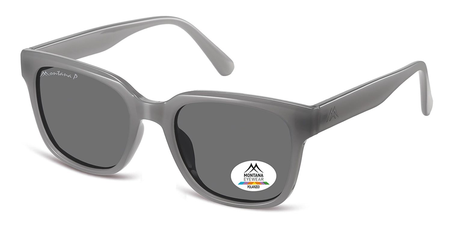 Graue Sonnenbrille, schräg von vorne gesehen. Auf einem Glas ist ein Aufkleber mit Logo und 'POLARIZED' zu sehen. Der Markenname ist auf dem linken Bügel.