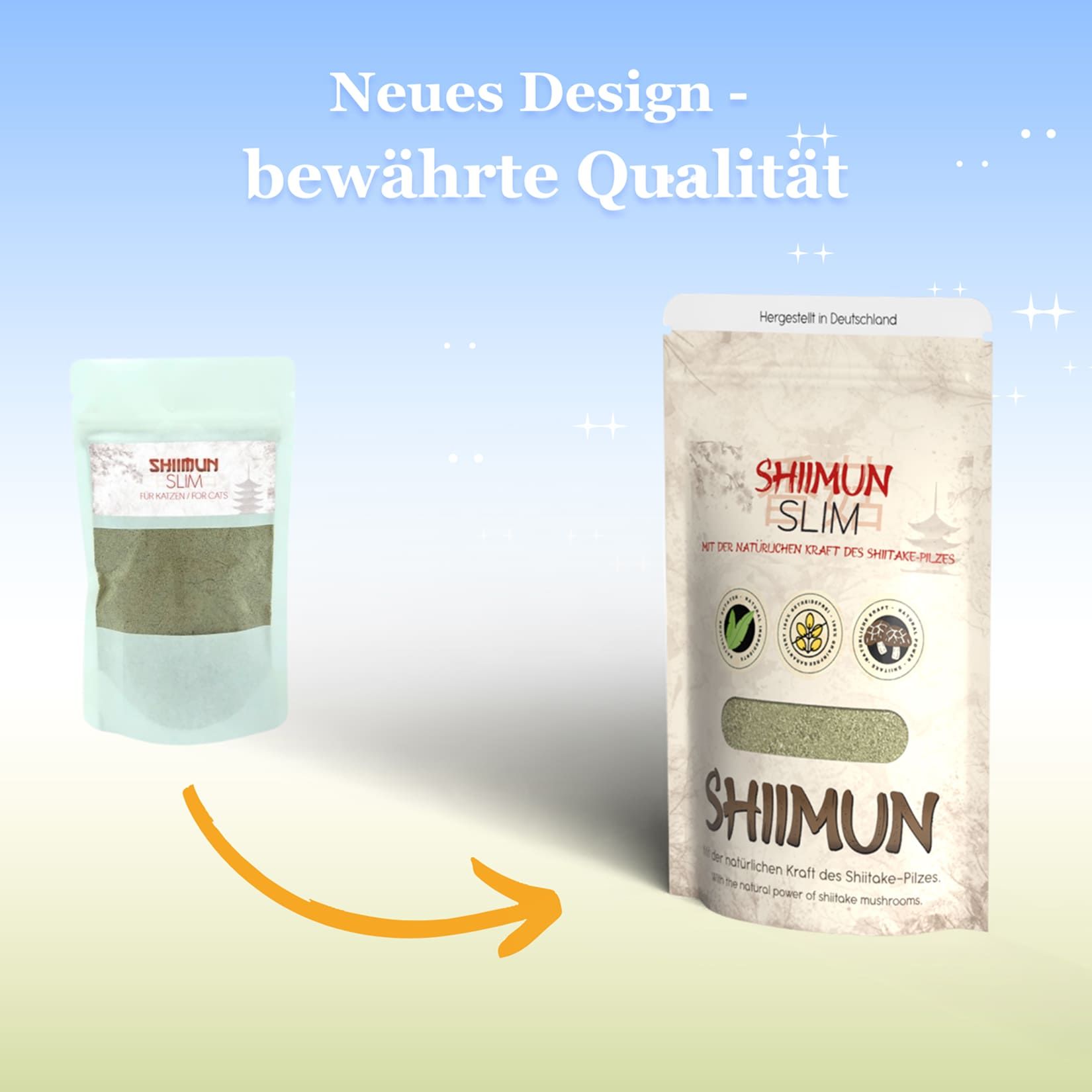 Vergleich von zwei Shiimun Slim Beuteln. Links: älteres Design. Rechts: aktuelles Design. Text: Neues Design - bewährte Qualität.