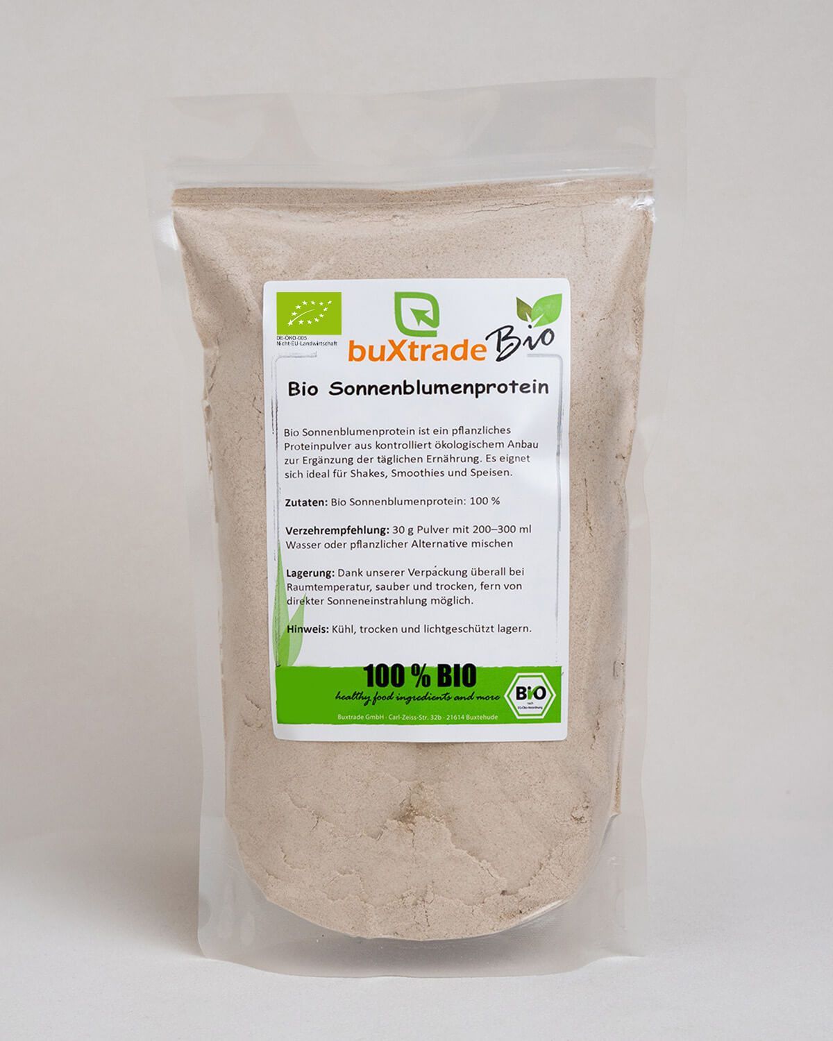 Verpackung mit buXtrade Bio Sonnenblumenprotein Pulver, 100% BIO und BIO Siegel.