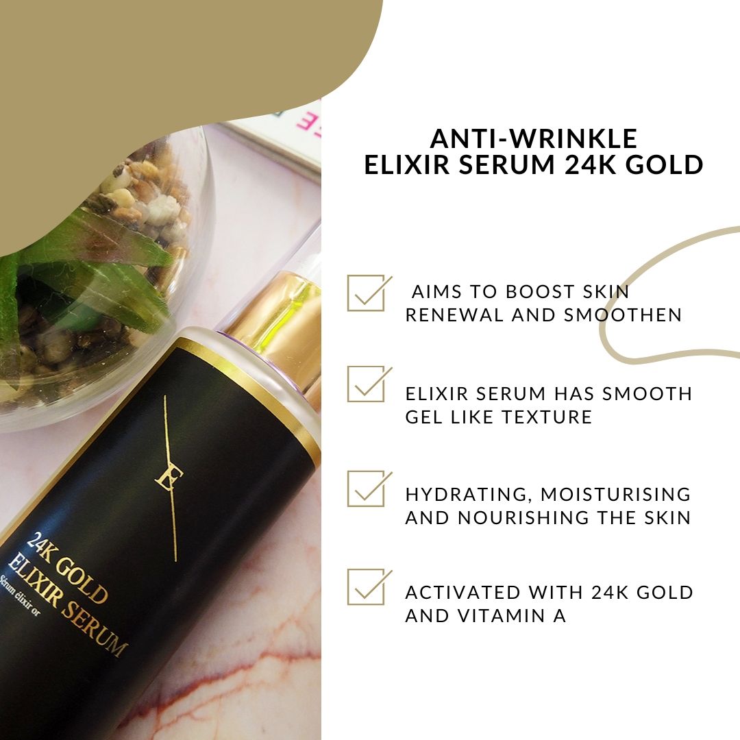 Flasche 24K Gold Elixir Serum mit Text zu Hautpflegevorteilen.