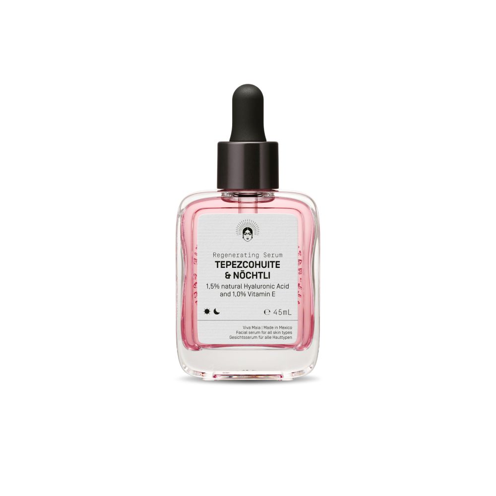Viva Maia Regenerating Serum in Glasflasche mit Pipettenverschluss. Rosa Serum mit Etikett.