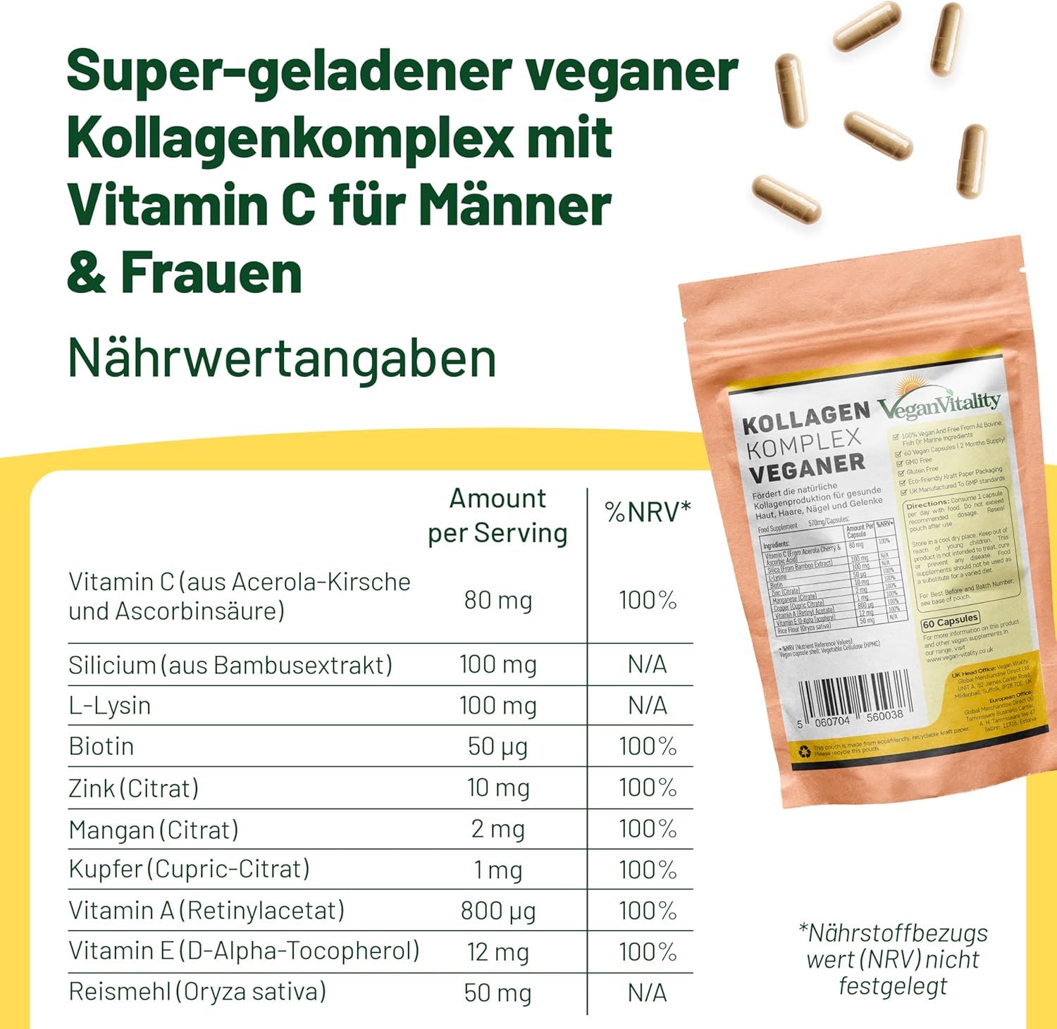 Beutel mit Vegan Vitality Kollagen Kapseln und Nährwertangaben. Enthält Vitamin C, Silicium, L-Lysin, Biotin, Zink, Mangan, Kupfer, Vitamin A, Vitamin E.
