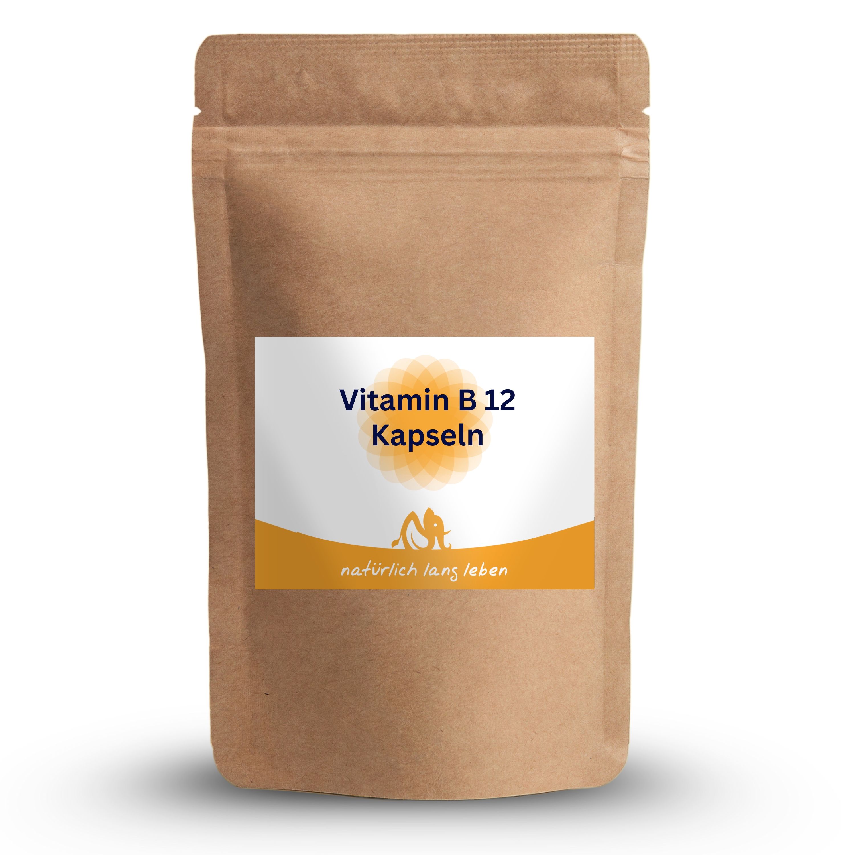 Braune Tüte mit Etikett. Aufschrift: Vitamin B12 Kapseln. Logo: natürlich lang leben. Hintergrund: weiß.
