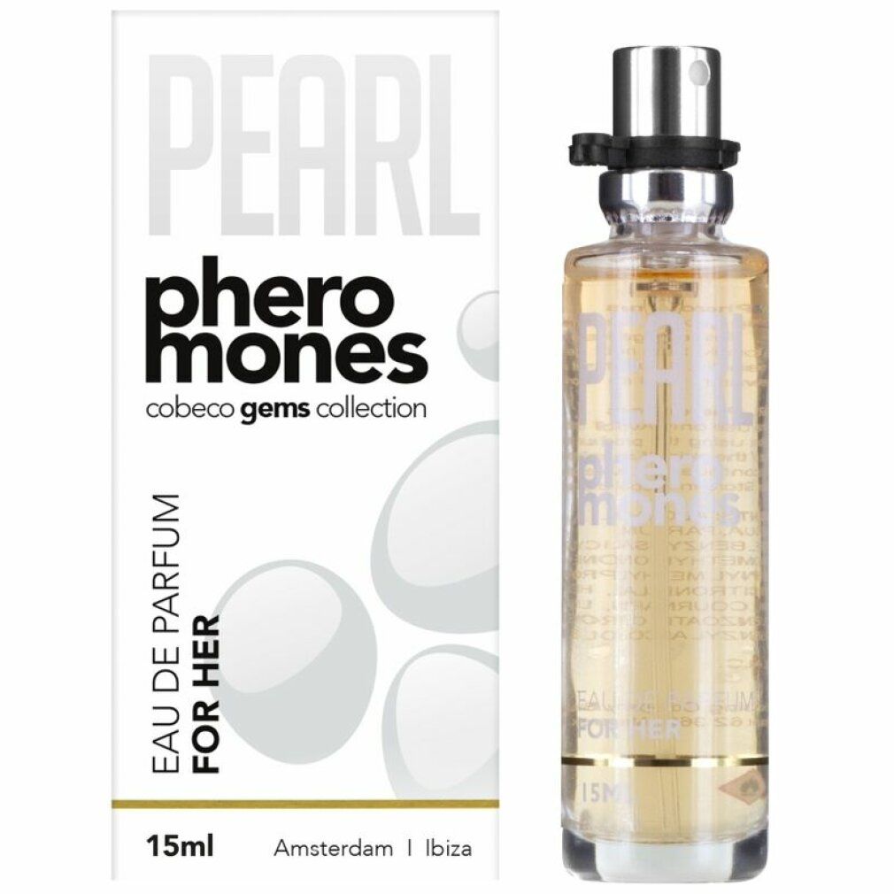 Flakon und Verpackung. Flakon mit silbernem Sprühkopf. Verpackung weiß mit Aufschrift "Pearl Pheromones".