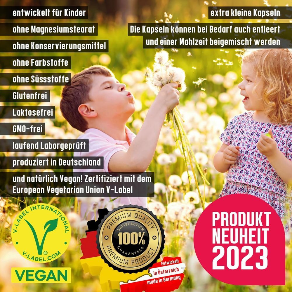 NatureCraft Vegan Kids All-In-One Kapseln mit Himbeeren und Blättern.