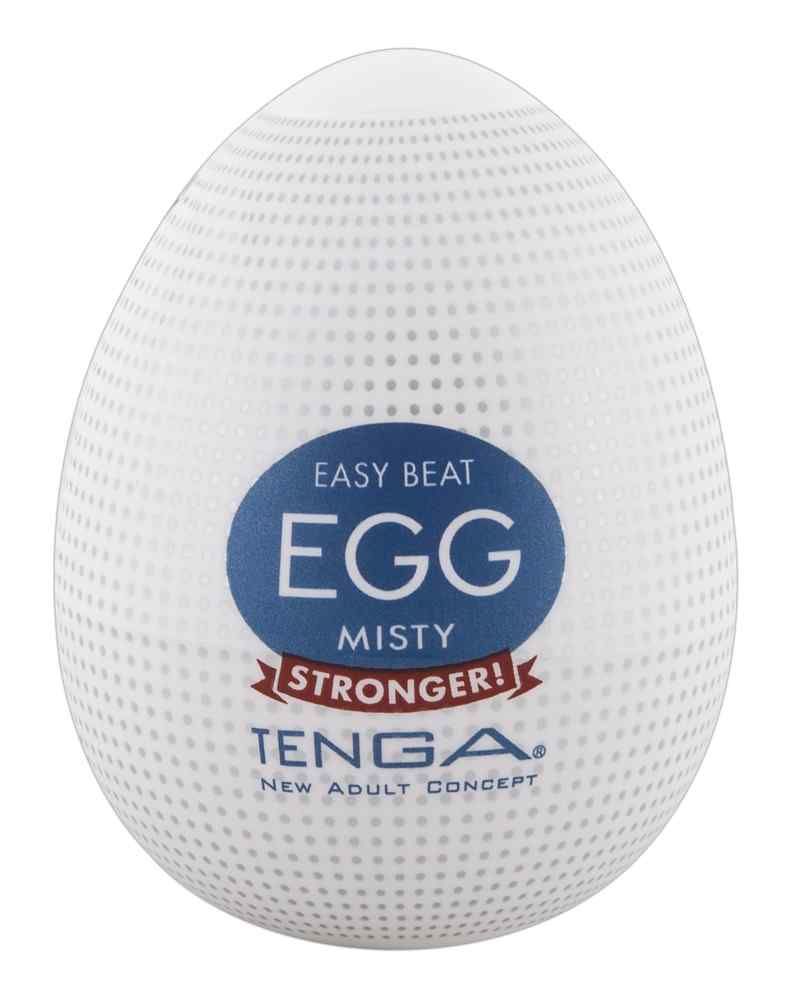 Weißes, eiförmiges Produkt mit kleinen Löchern. Auf der Vorderseite befindet sich ein blaues Etikett mit der Aufschrift "EGG MISTY STRONGER!".