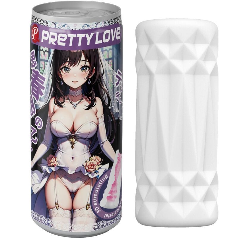 Weißer Masturbator mit rautenförmiger Oberfläche. Daneben eine Dose mit Anime-Illustration und dem Schriftzug "Pretty Love".
