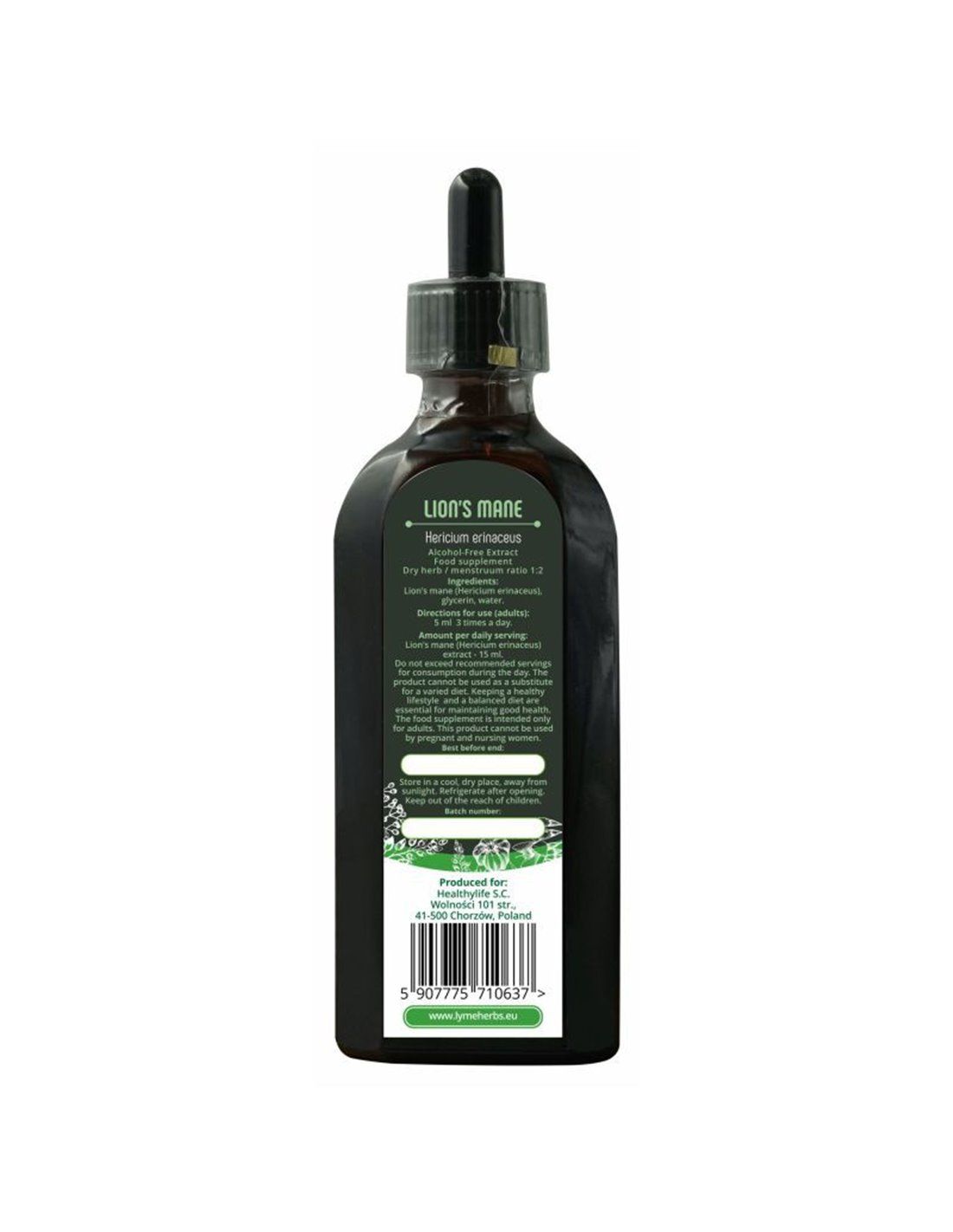 Rückseite einer braunen Glasflasche mit Tropfer. Etikett mit Text und Barcode. "Lymeherbs" Logo.