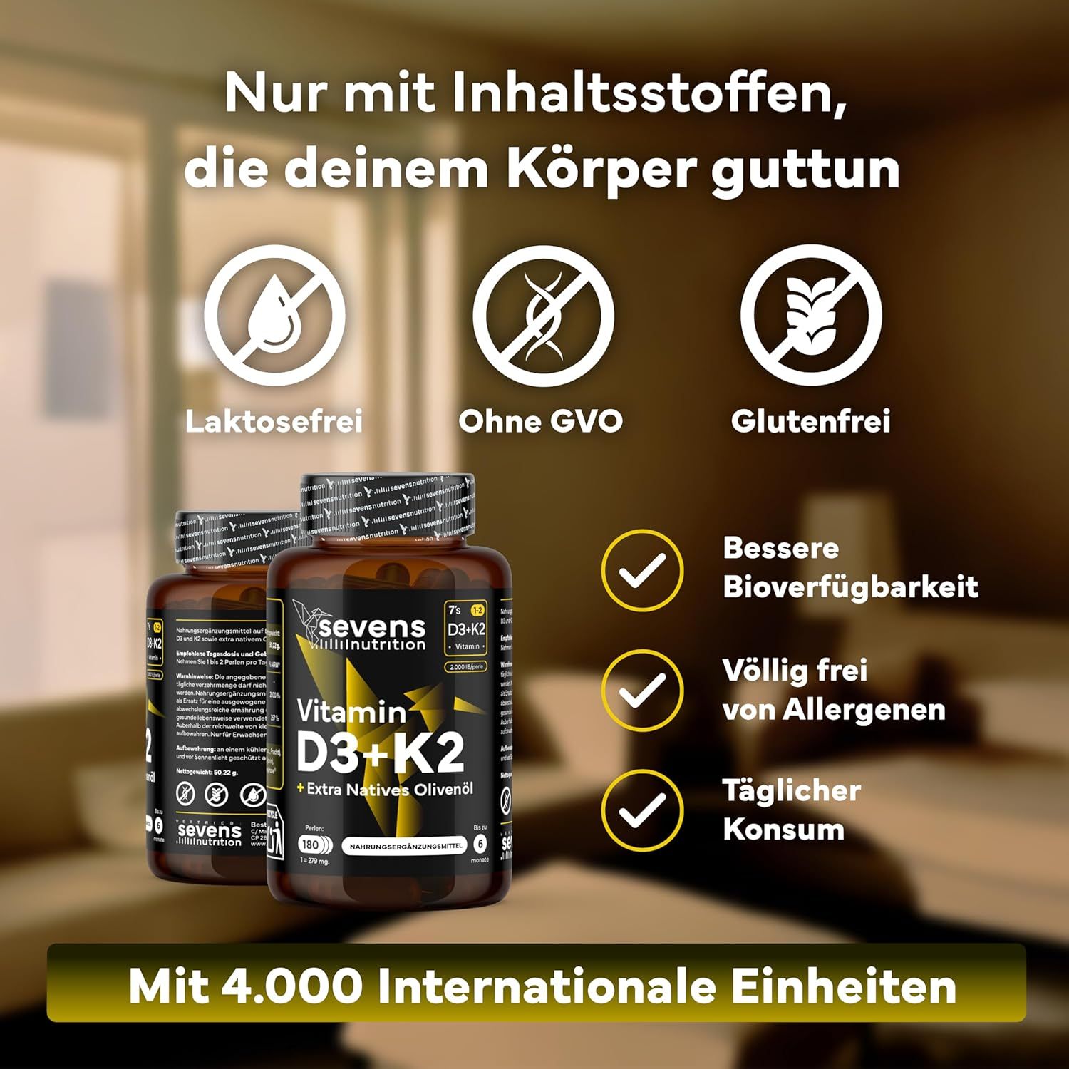 Zwei Flaschen mit Kapseln. Icons: laktosefrei, ohne GVO, glutenfrei. Text: 4.000 Internationale Einheiten.