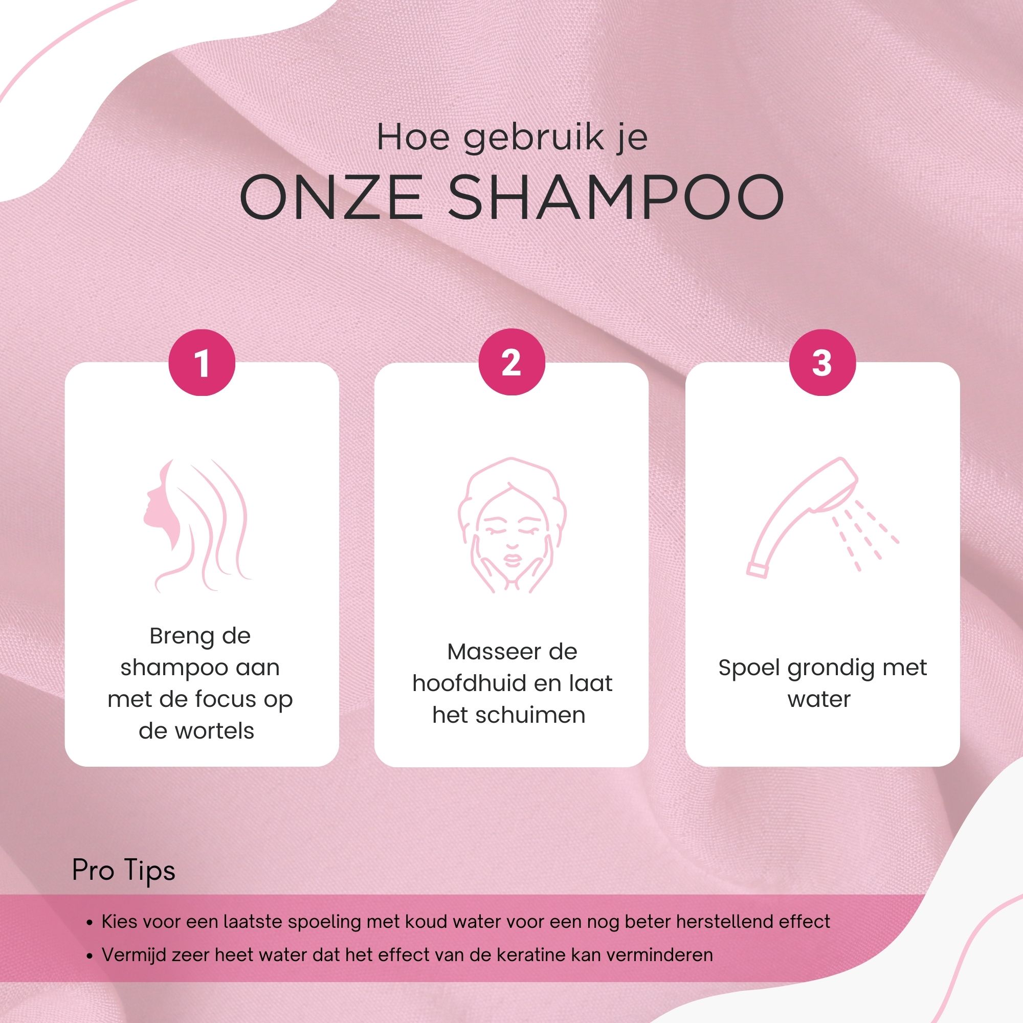 Instructies voor het gebruik van de shampoo. 3 stappen: aanbrengen, masseren, uitspoelen. Pro-tips: koud spoelen, heet water vermijden.