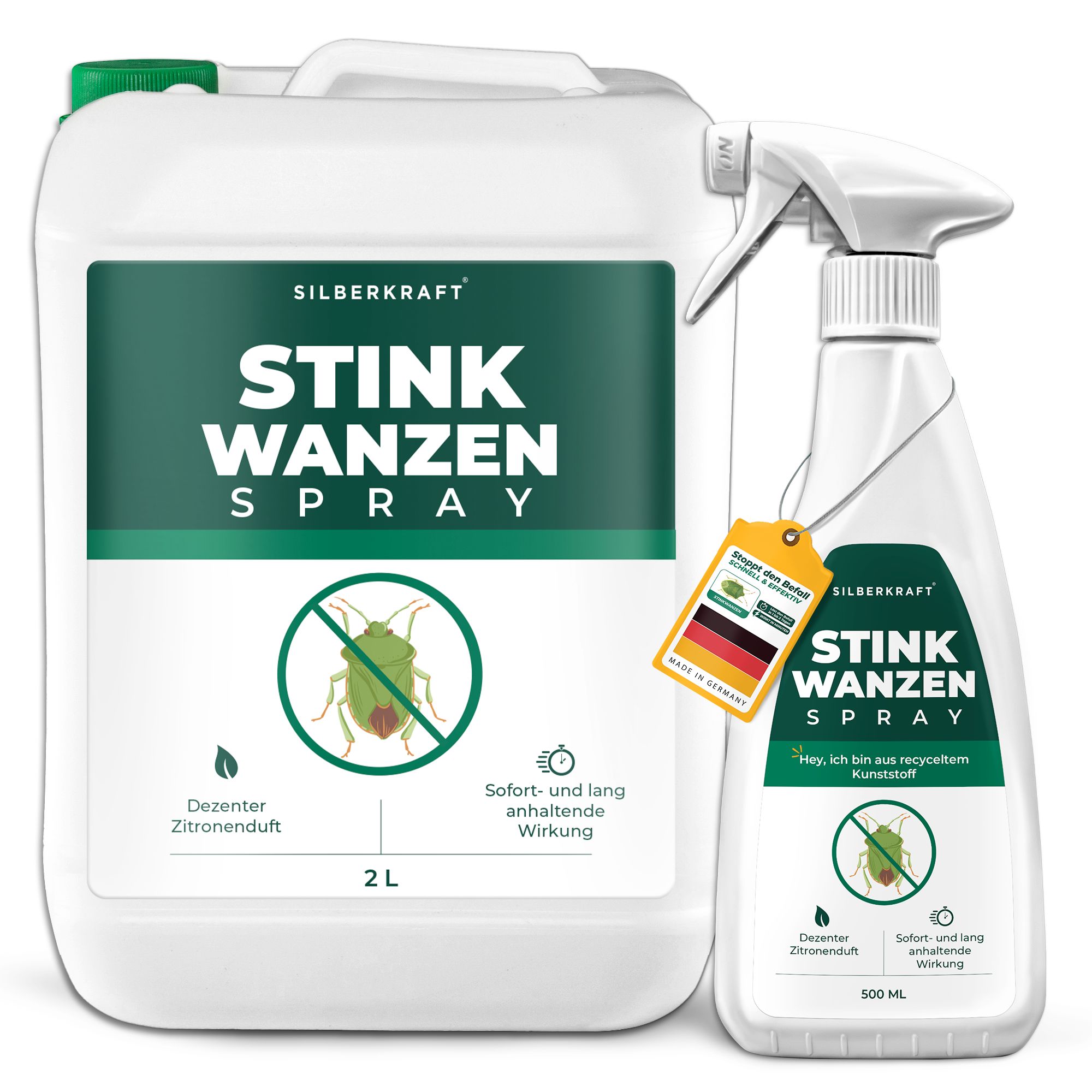 Zwei weiße Sprühflaschen mit grünem Etikett für Stinkwanzen-Spray, 500ml und 2L.