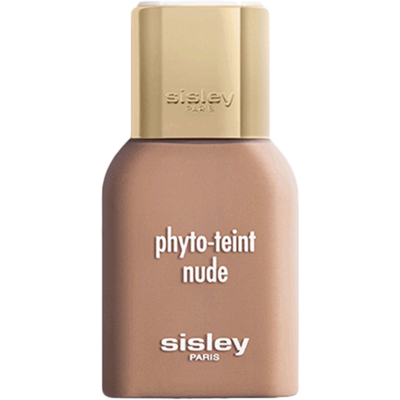 Sisley Phyto-Teint Nude. Flasche mit beigefarbener Flüssigkeit, goldfarbener Deckel. Schriftzug: Sisley Paris, Phyto-Teint Nude.