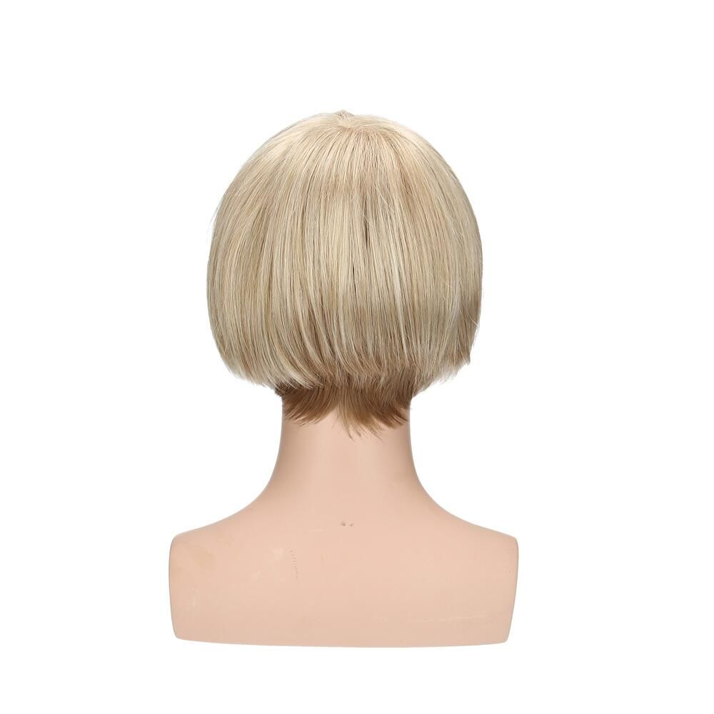 Blonde Perücke mit kurzem Schnitt, Rückansicht auf einer Büste.