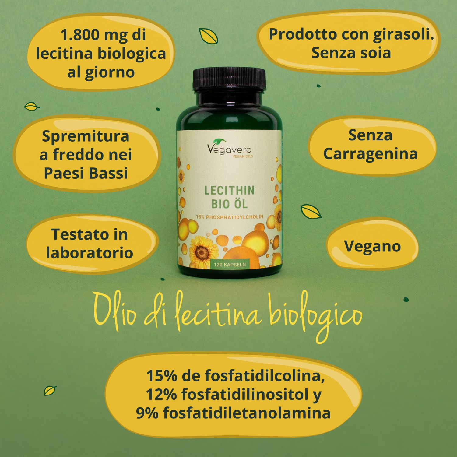 Informazioni sul prodotto: Lecithin BIO Öl. Ingredienti, origine, certificazioni. Logo Vegavaro.