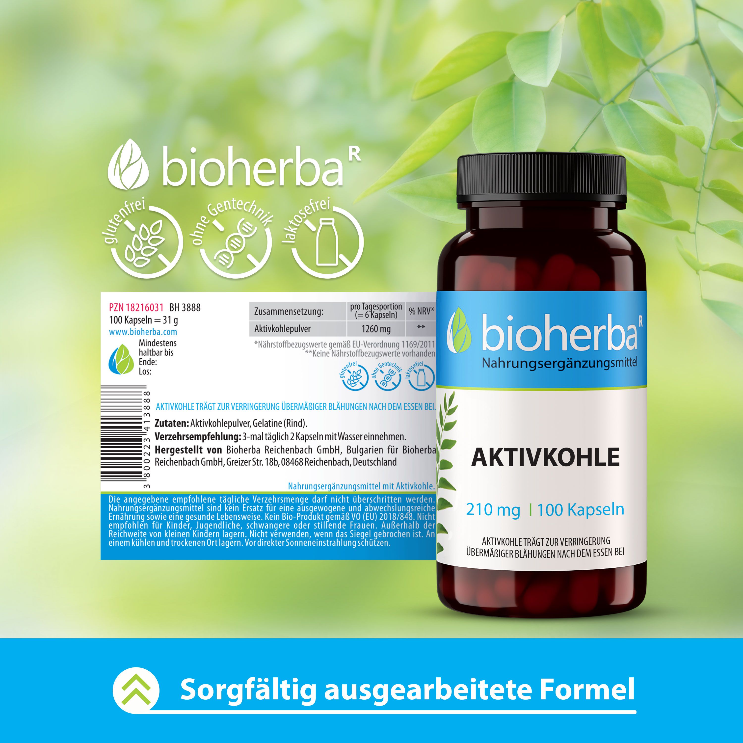Braune Flasche mit Aktivkohle-Kapseln. Logo und Produktbezeichnung. Etikett mit Informationen. Glutenfrei, ohne Gentechnik, laktosefrei.
