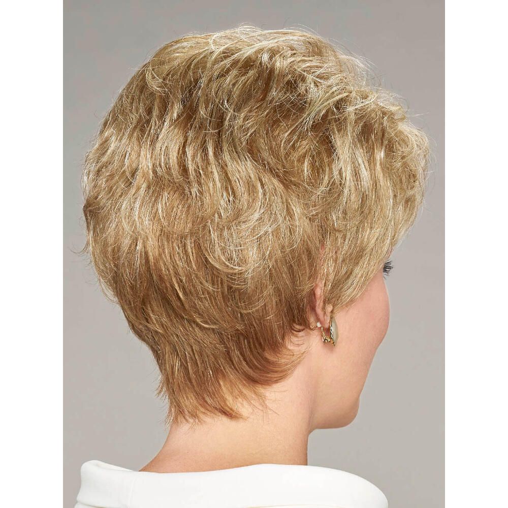 Kurze, geschichtete blonde Perücke mit Wellen.