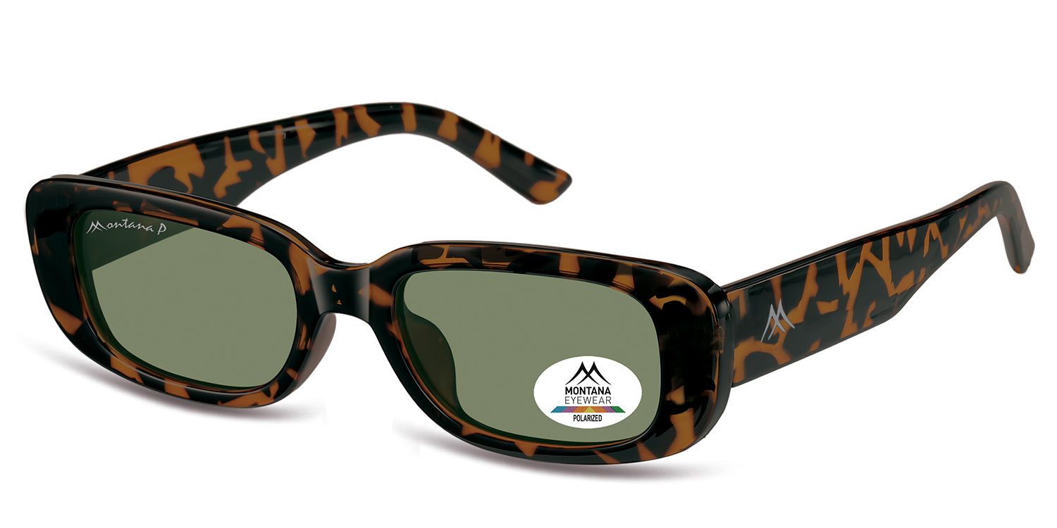 Sonnenbrille mit braunem Schildpatt-Rahmen. Rechteckige Gläser, grünes Glas. Montana Eyewear Logo und Polarized-Aufkleber.