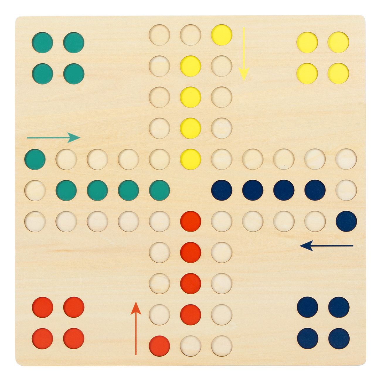 Quadratisches Ludo-Spielbrett aus Holz. Vier farbige Bereiche: grün, gelb, blau, rot. Pfeile zeigen die Spielrichtung an.
