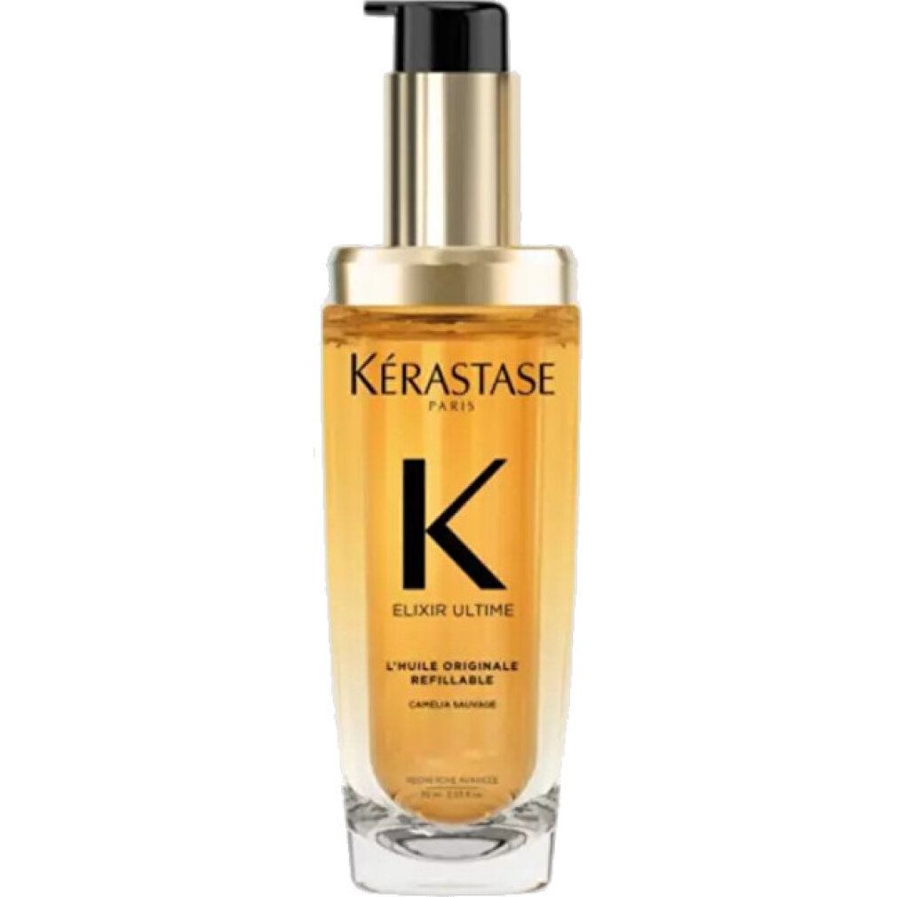 Kérastase Elixir Ultime L'Huile Originale. Goldfarbene Flasche mit schwarzem Pumpkopf. Aufschrift: Kérastase, Elixir Ultime, L'Huile Originale.