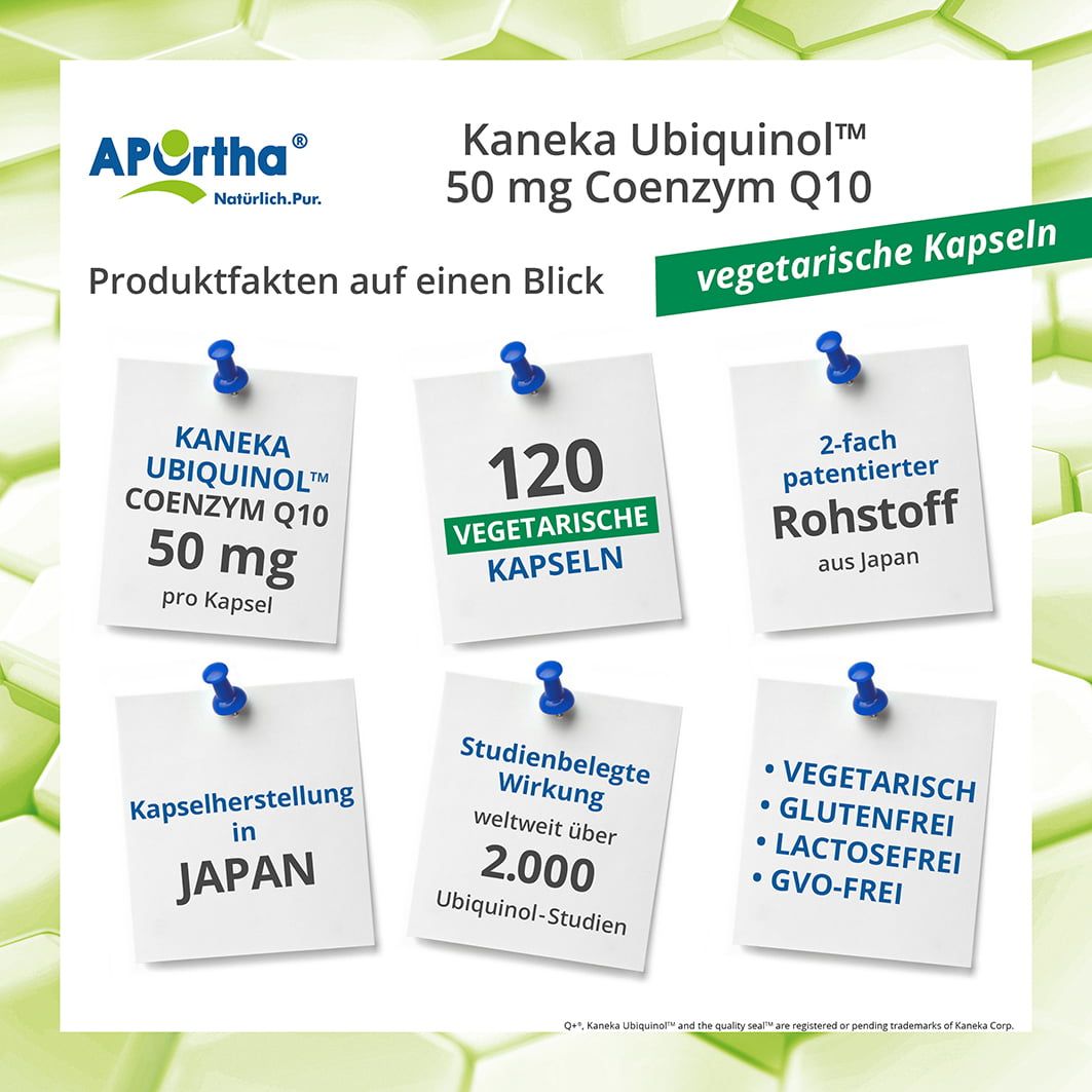 Infografik mit Produktfakten: 120 vegetarische Kapseln, 2-fach patentierter Rohstoff, Kapselherstellung in Japan, Studienbelege.