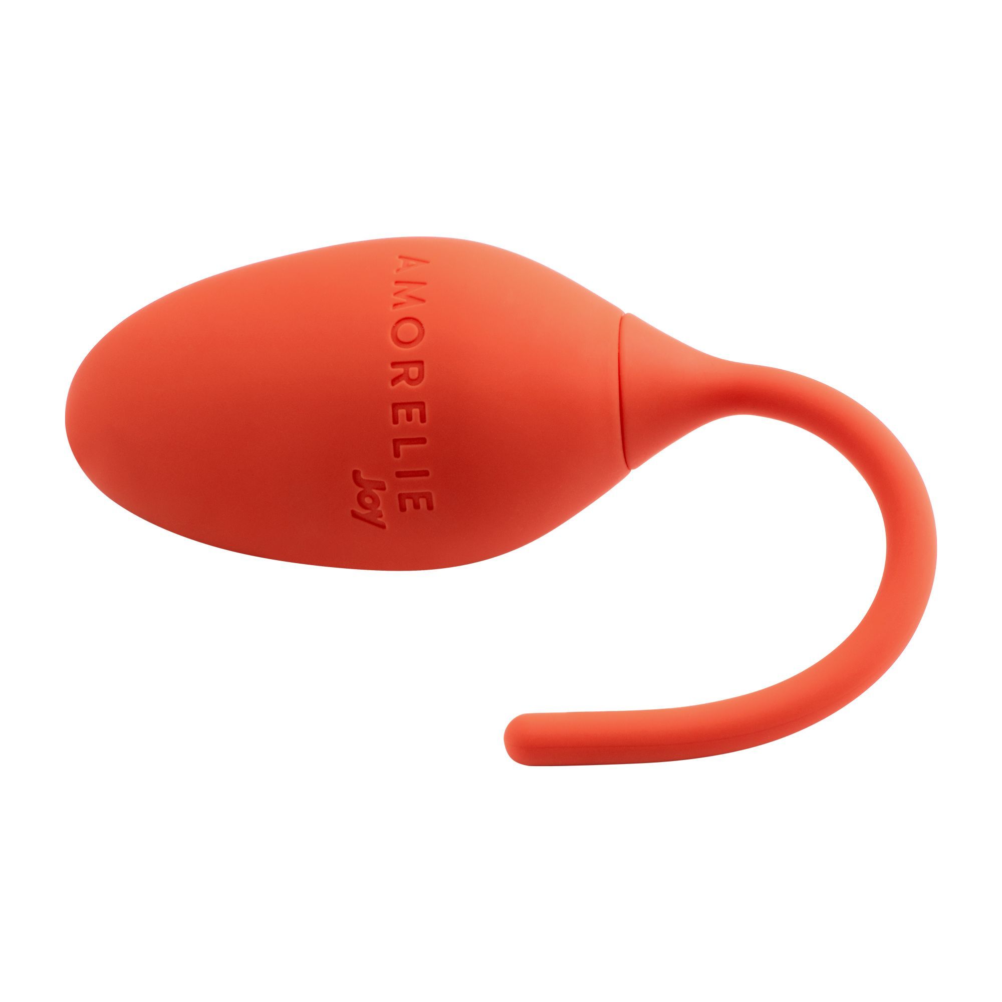 Oranger Kegel mit AMORELIE Joy-Schriftzug. Mit gebogenem Stiel. Auf weißem Hintergrund.