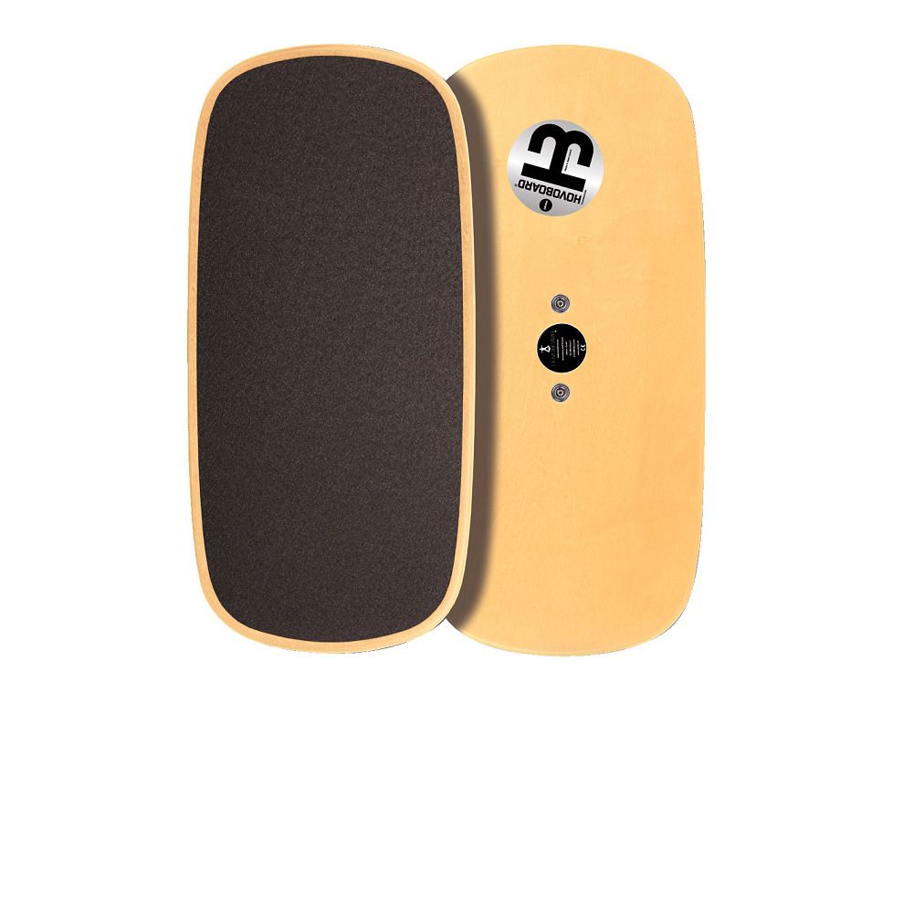 Hellbraunes Balanceboard mit schwarzer Oberfläche und Logo. Holzrahmen, abgerundete Ecken. Zwei Boards nebeneinander.