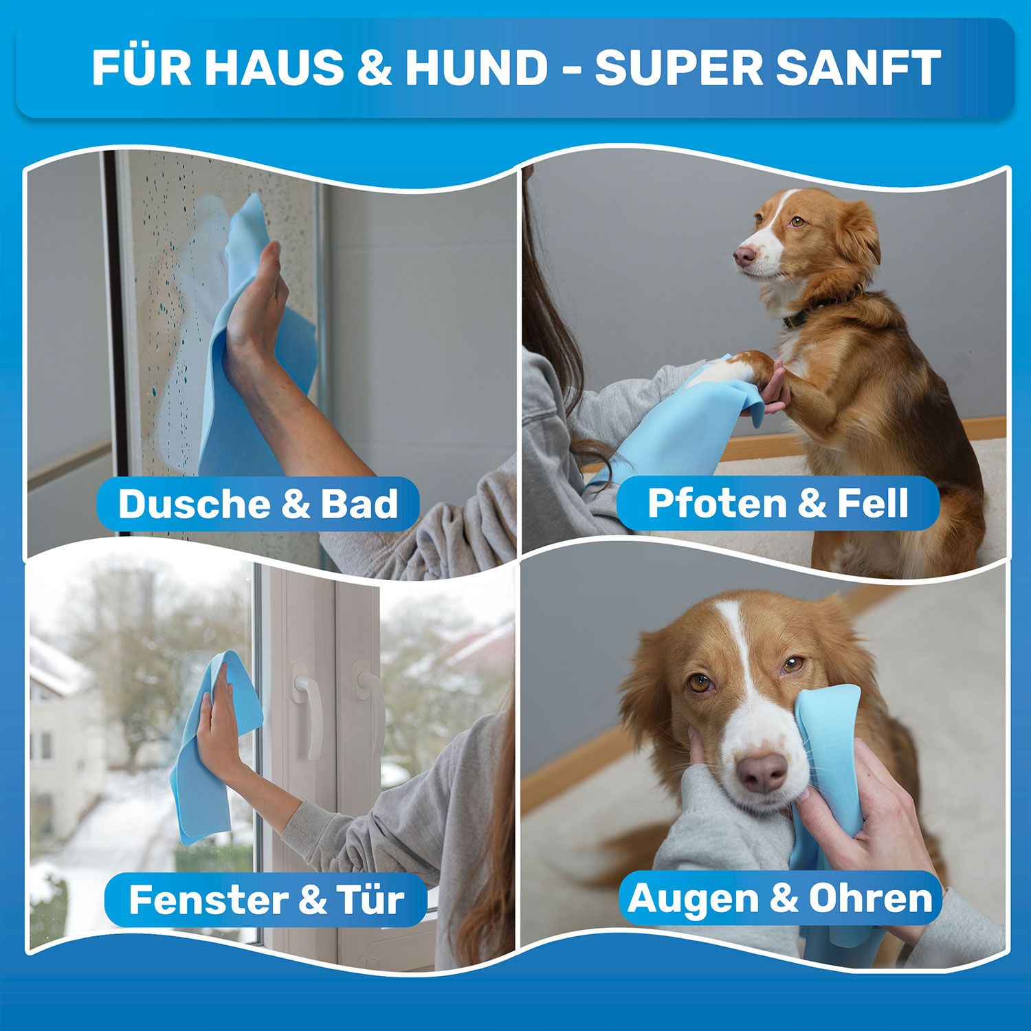 Vier Bilder zeigen die Anwendung der blauen Reinigungstücher. Bereiche: Dusche & Bad, Pfoten & Fell, Fenster & Tür, Augen & Ohren.