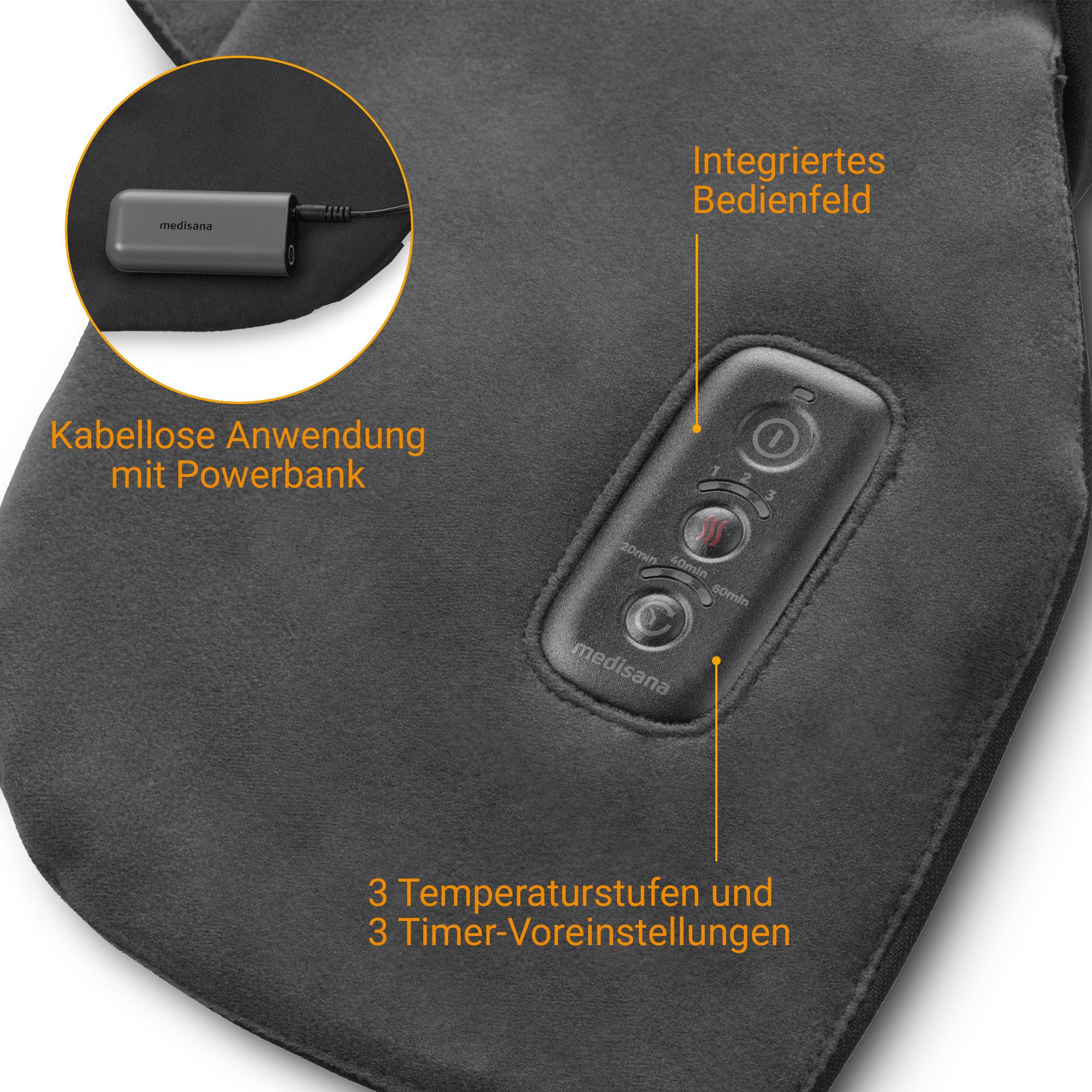 Schwarzer Wärmecape mit Powerbank, Kabel und integriertem Bedienfeld. 3 Temperaturstufen.
