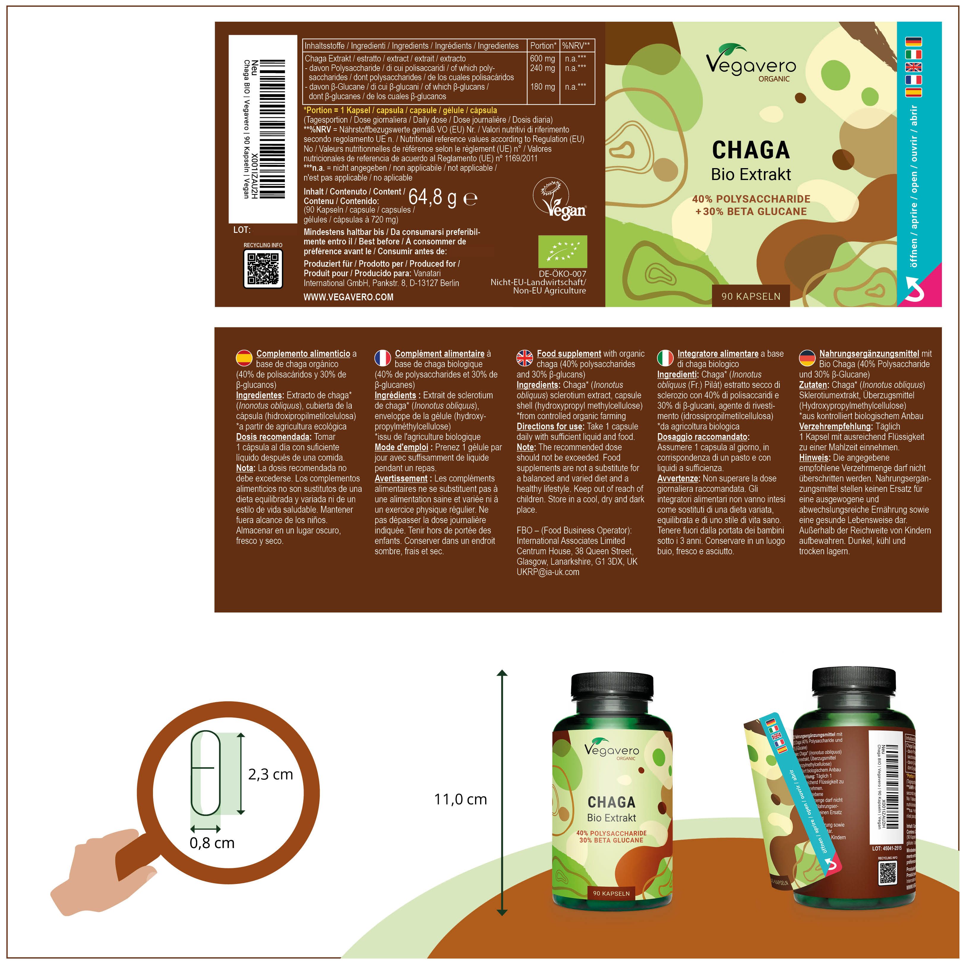 Produktverpackung mit Flasche und Kapsel. Flasche mit Chaga Bio Extrakt. Kapsel: 2,3 cm x 0,8 cm. Verpackung: 11,0 cm.
