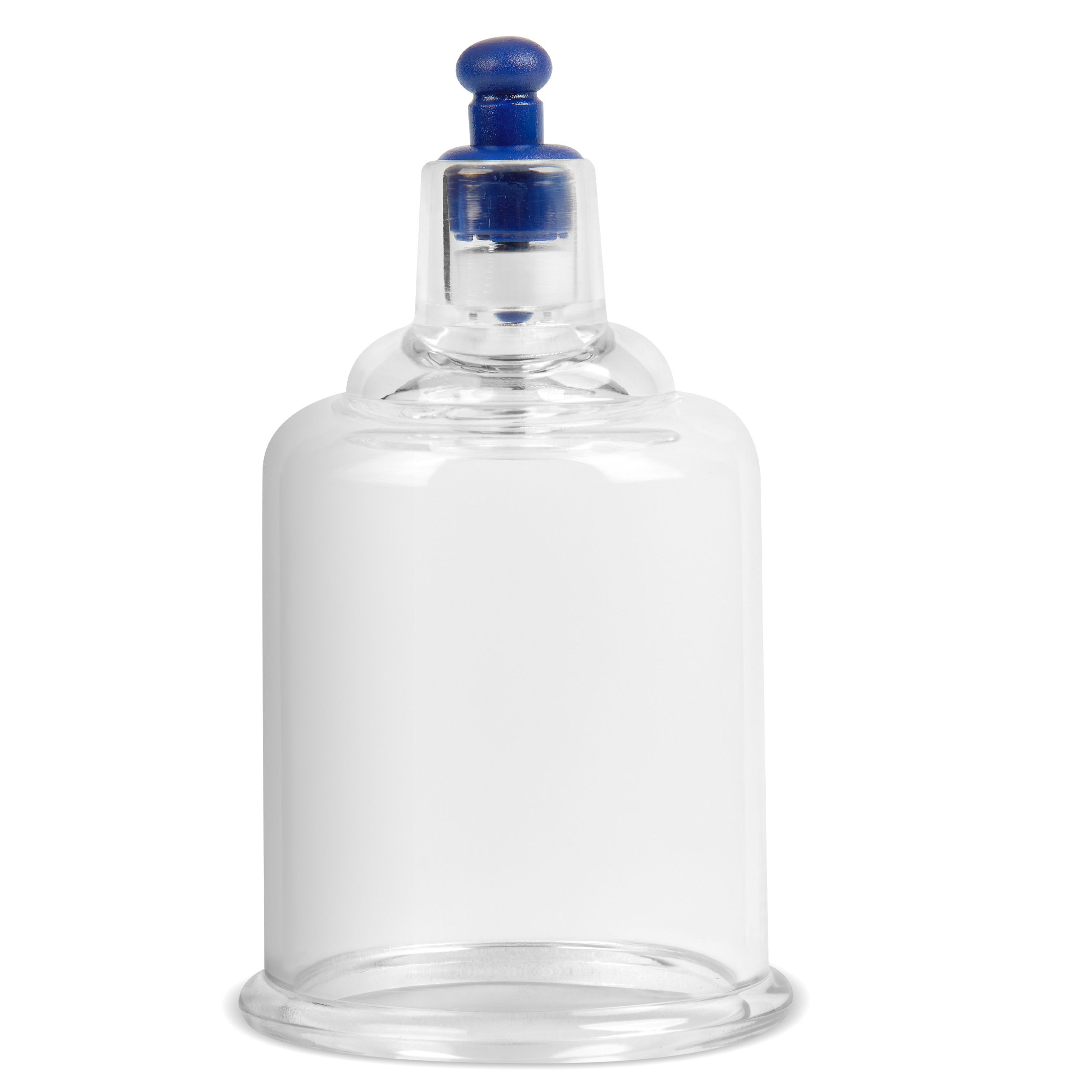 Klarer Schröpfglas-Ersatz mit blauem Ventil. Aus Kunststoff.
