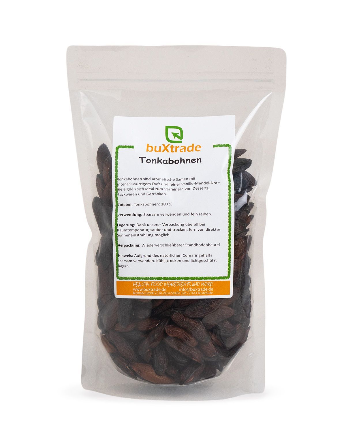 Verpackung mit buXtrade Tonkabohnen, klare Tüte mit Etikett.