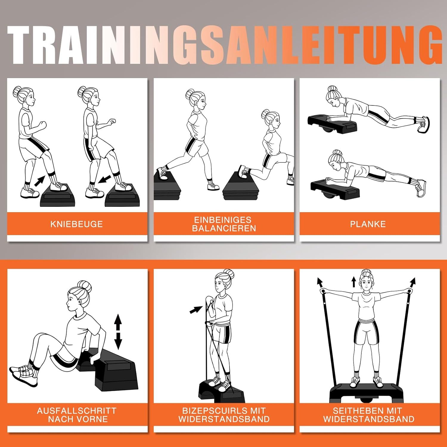 Trainingsanleitung mit Übungen auf einem Steppbrett. Kniebeuge, Ausfallschritt, Plank, etc. Mit Widerstandsbändern.