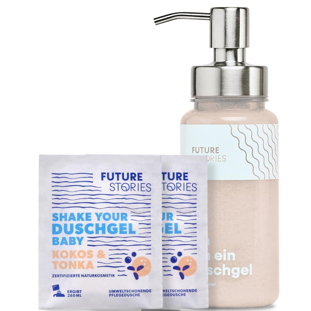 Duschgel-Starter-Set mit Flasche und zwei Sachets. Flasche mit Pumpe, zwei Sachets mit Aufschrift 'Future Stories'.