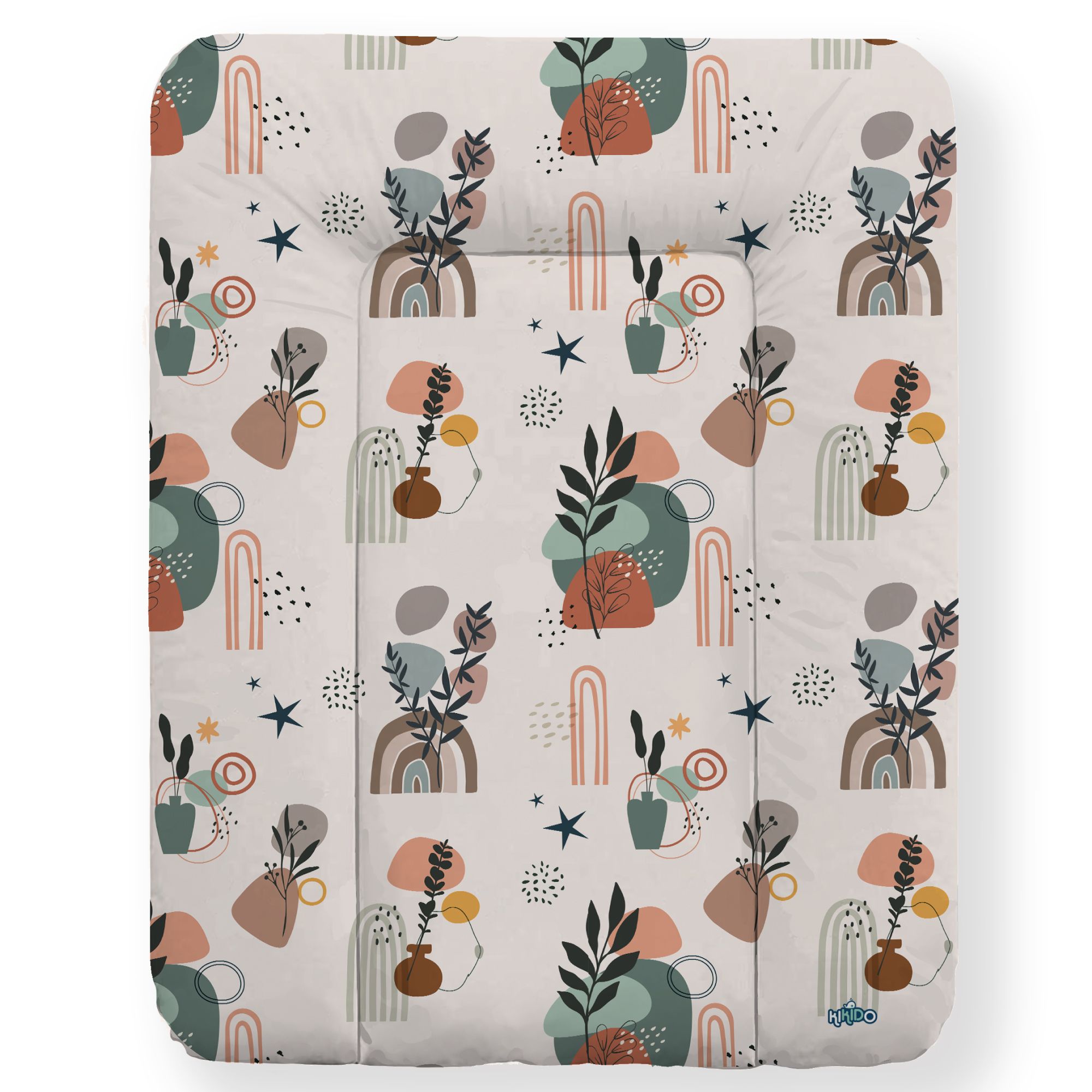 Materassino per fasciatoio con motivo vegetale e stelle. Sfondo beige. Forma rettangolare.
