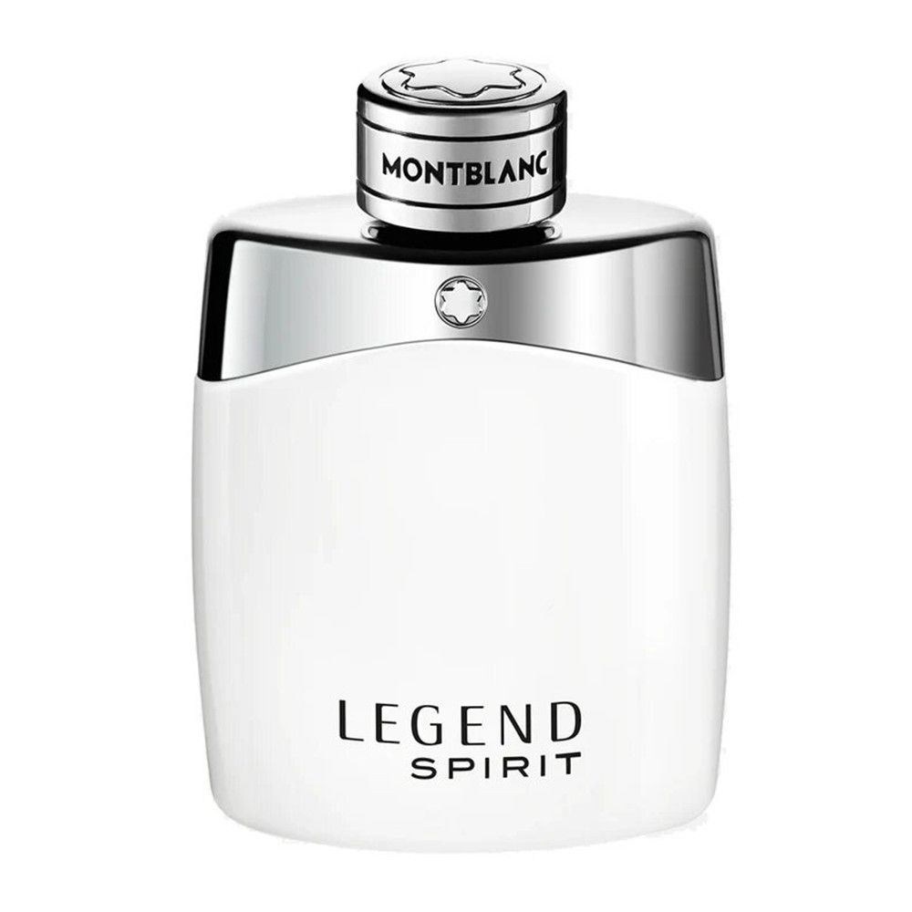 Weißer Flakon von Montblanc Legend Spirit Eau de Toilette. Silberner Verschluss. Schwarzer Schriftzug Legend Spirit. Montblanc Logo auf dem Verschluss.
