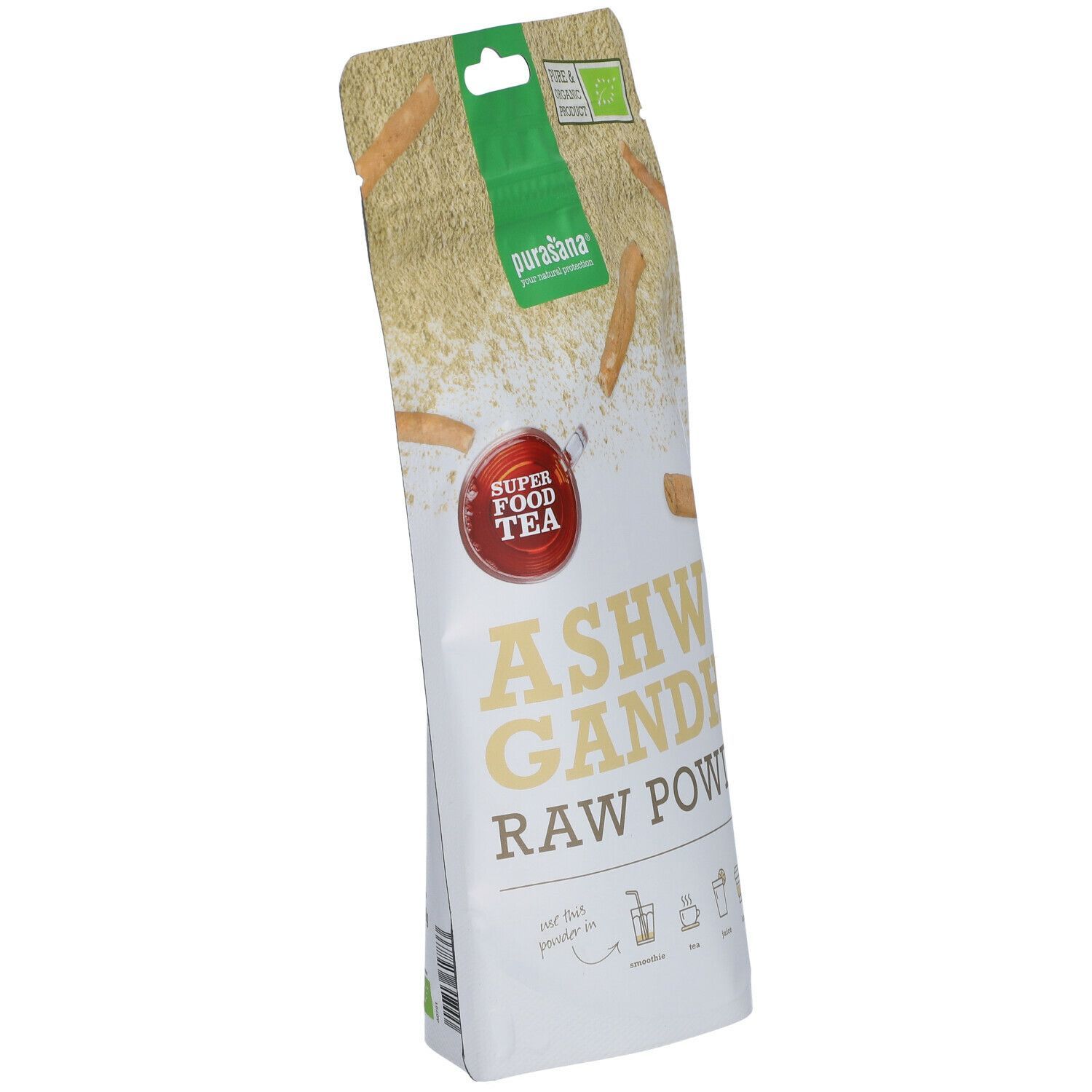 Beutel mit Ashwagandha-Pulver. Aufschrift: Super Food Tea, Ashwagandha Raw Powder. Bio-Siegel.