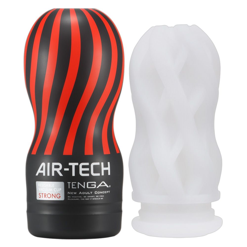 Produkt mit rotem und schwarzem Design, AIR-TECH, TENGA, STRONG. Daneben ein weißes Produkt mit gewebter Struktur.
