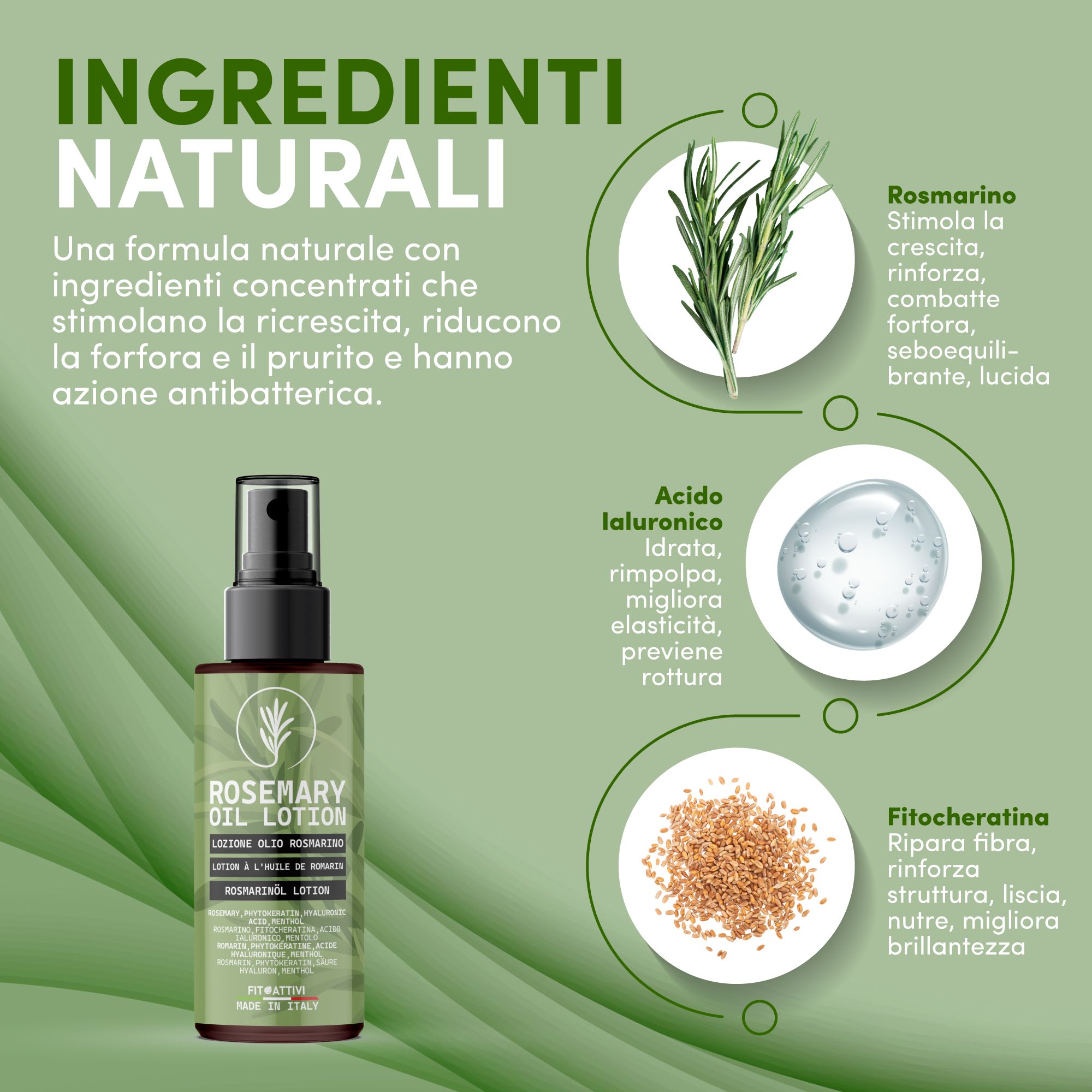 Produktabbildung. Flasche mit Rosmarinöl-Lotion. Inhaltsstoffe: Rosmarin, Hyaluronsäure, Phytokeratin. Text: Natürliche Inhaltsstoffe, konzentrierte Formel.