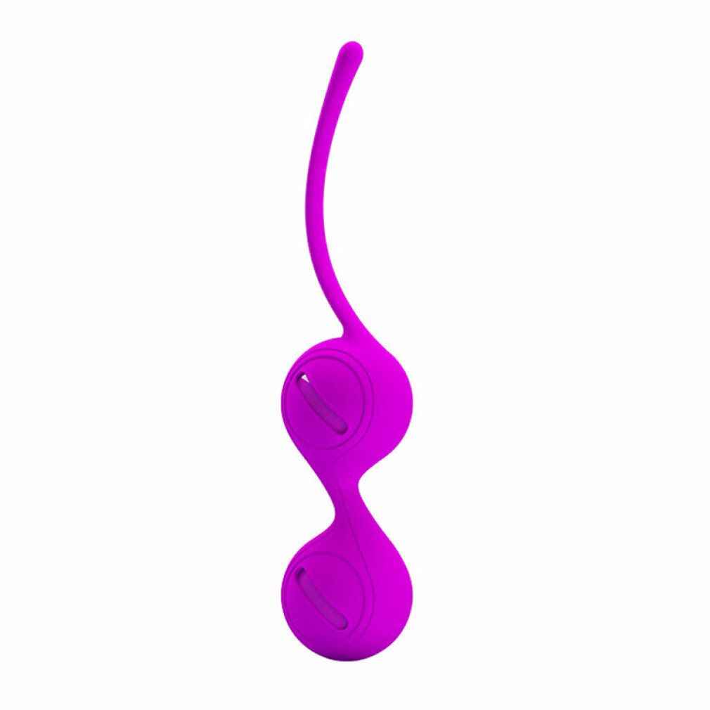 Zwei ovale, violette Kugeln mit einer Schlaufe. Jede Kugel hat eine konkave Oberfläche mit einer Aussparung.
