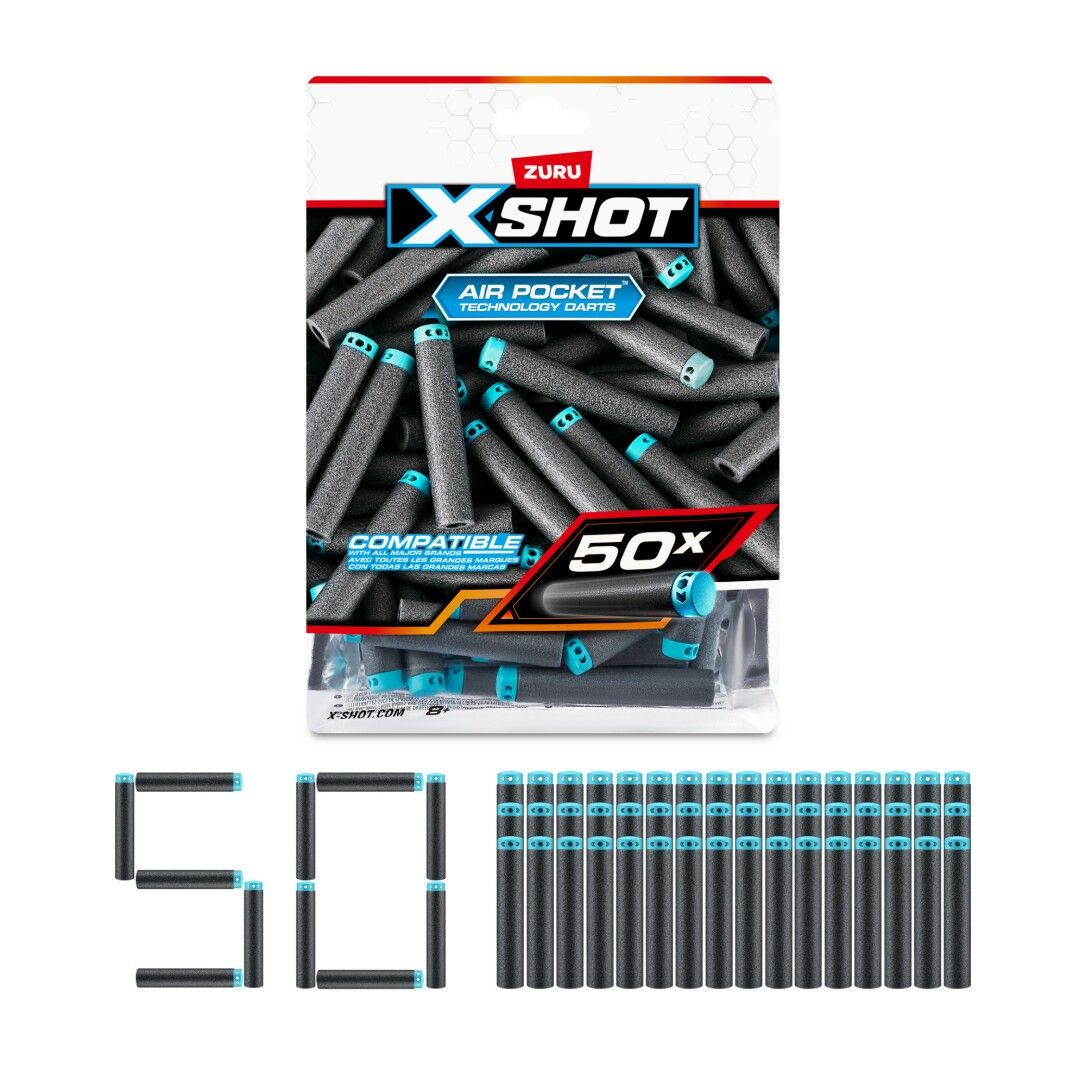 Verpackung mit 50 X-Shot Air Pocket Technology Darts. Schwarze Darts mit blauen Spitzen. Aufschrift: 50x.