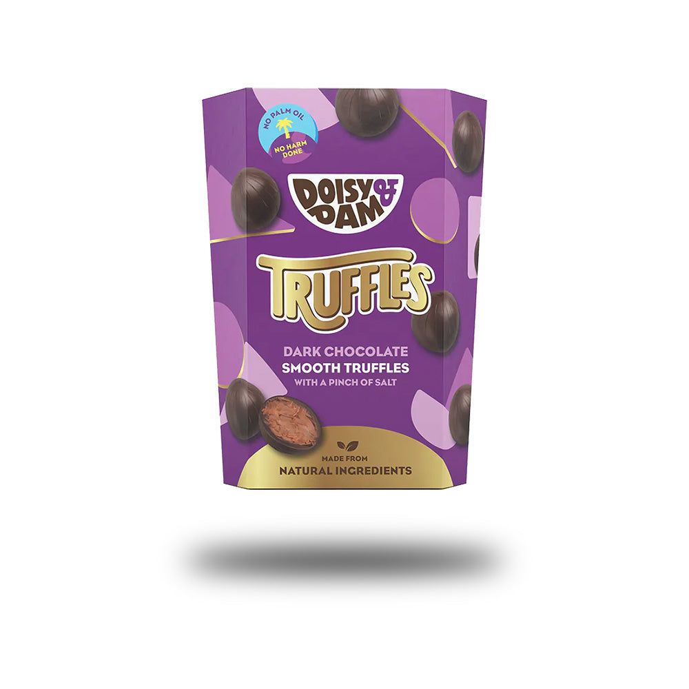 Verpackung mit Trüffeln. Aufschrift: Doisy & Dam, Truffles, Dark Chocolate Smooth Truffles with a pinch of salt. Natürliche Zutaten.